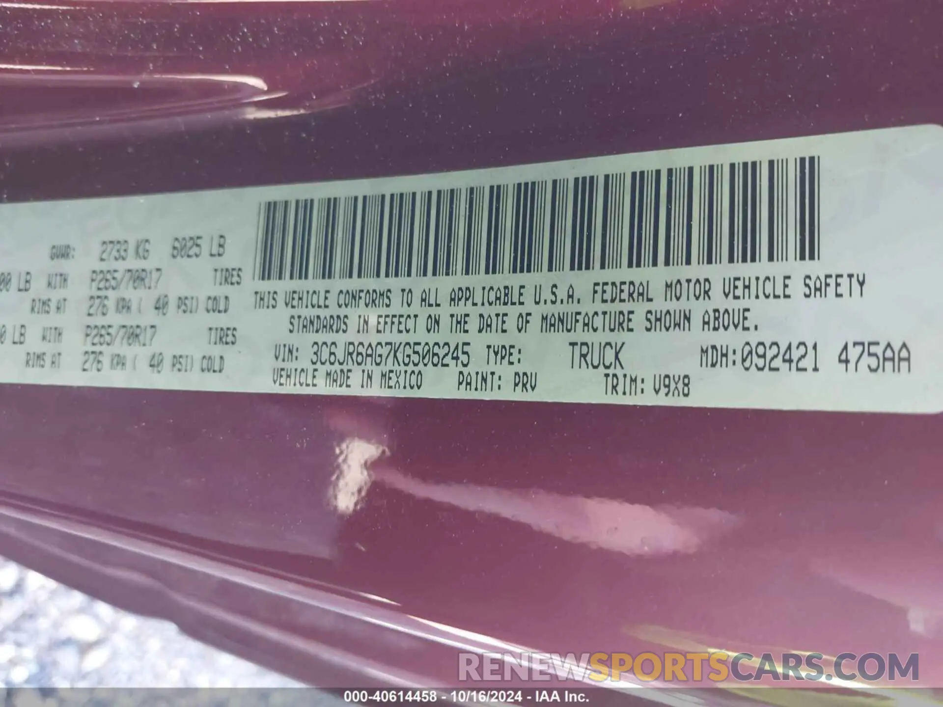 9 fotografías del automóvil dañado 3C6JR6AG7KG506245 RAM 1500 CLASSIC 2019