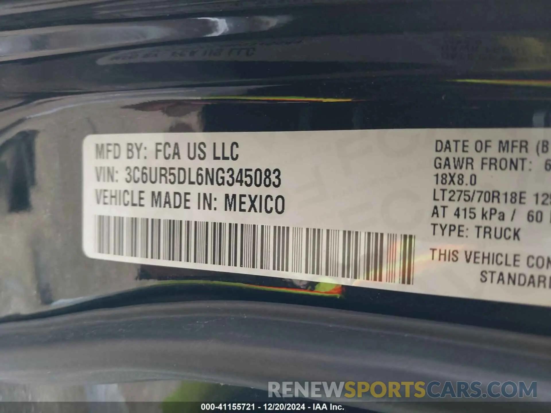 9 fotografías del automóvil dañado 3C6UR5DL6NG345083 RAM 2500 2022