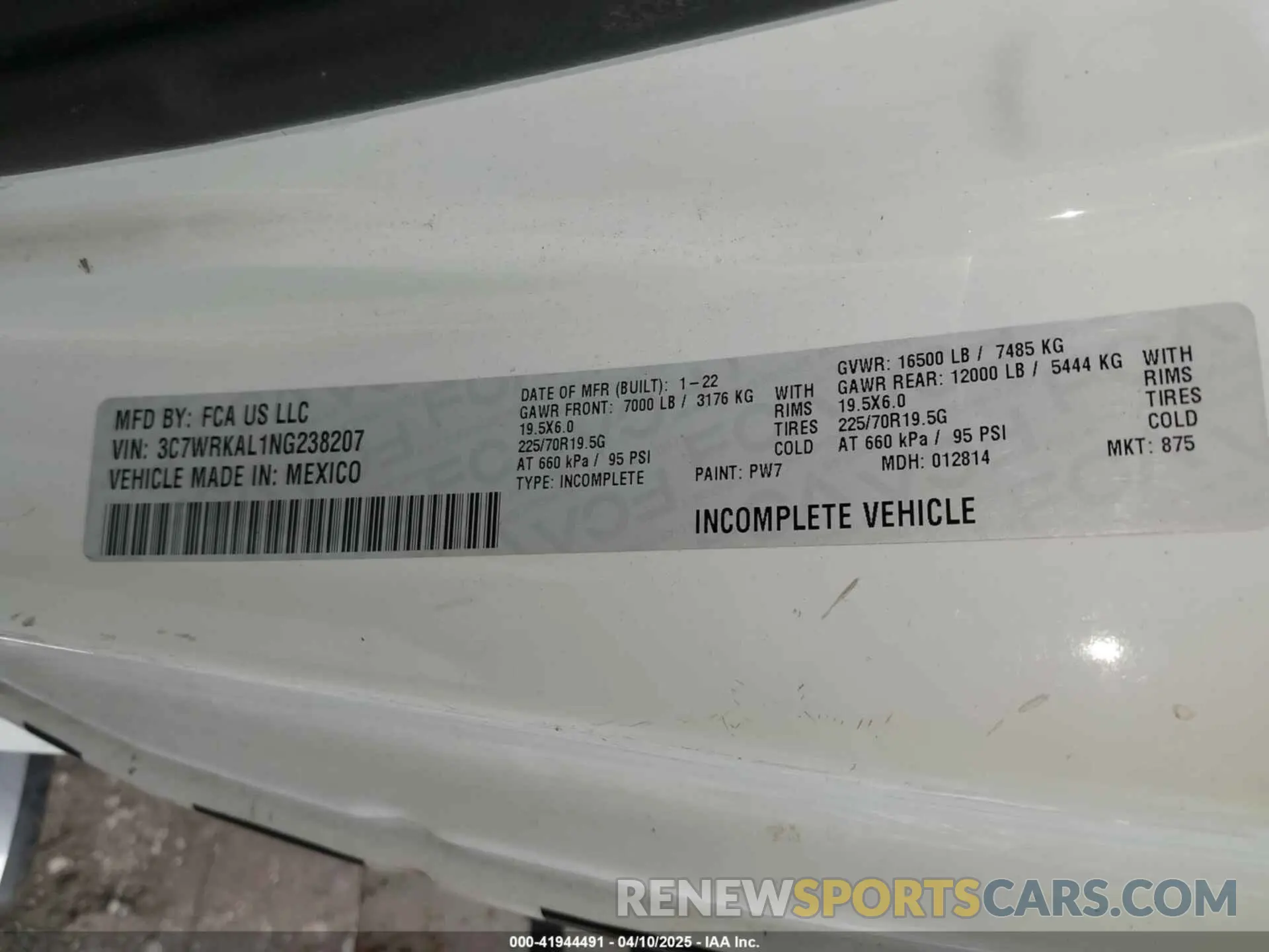 8 fotografías del automóvil dañado 3C7WRKAL1NG238207 RAM 4500 CHASSIS 2022