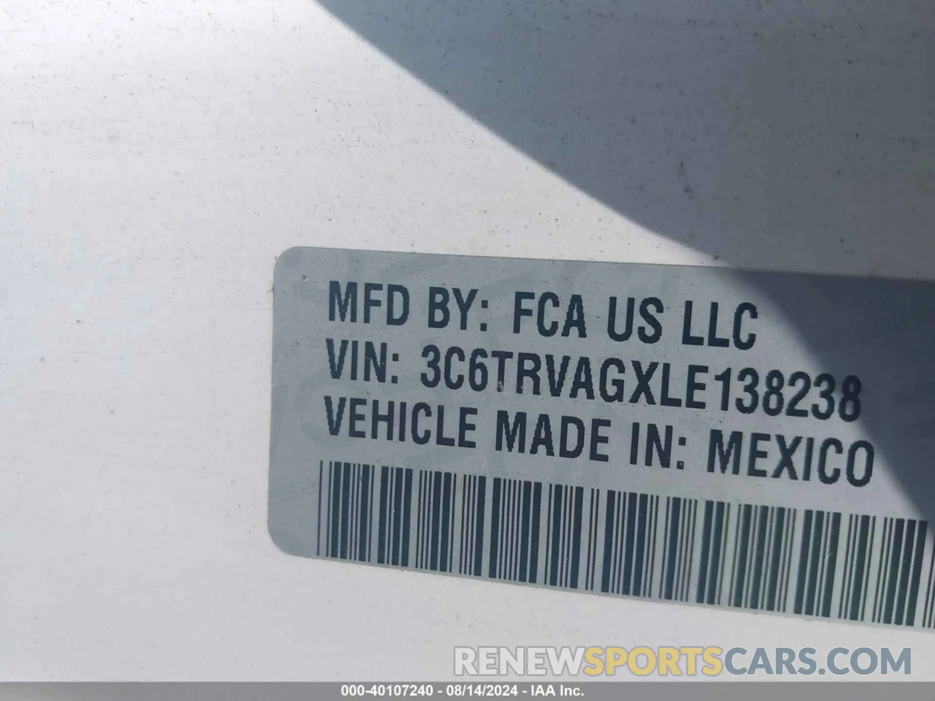 9 fotografías del automóvil dañado 3C6TRVAGXLE138238 RAM PROMASTER 1500 2020