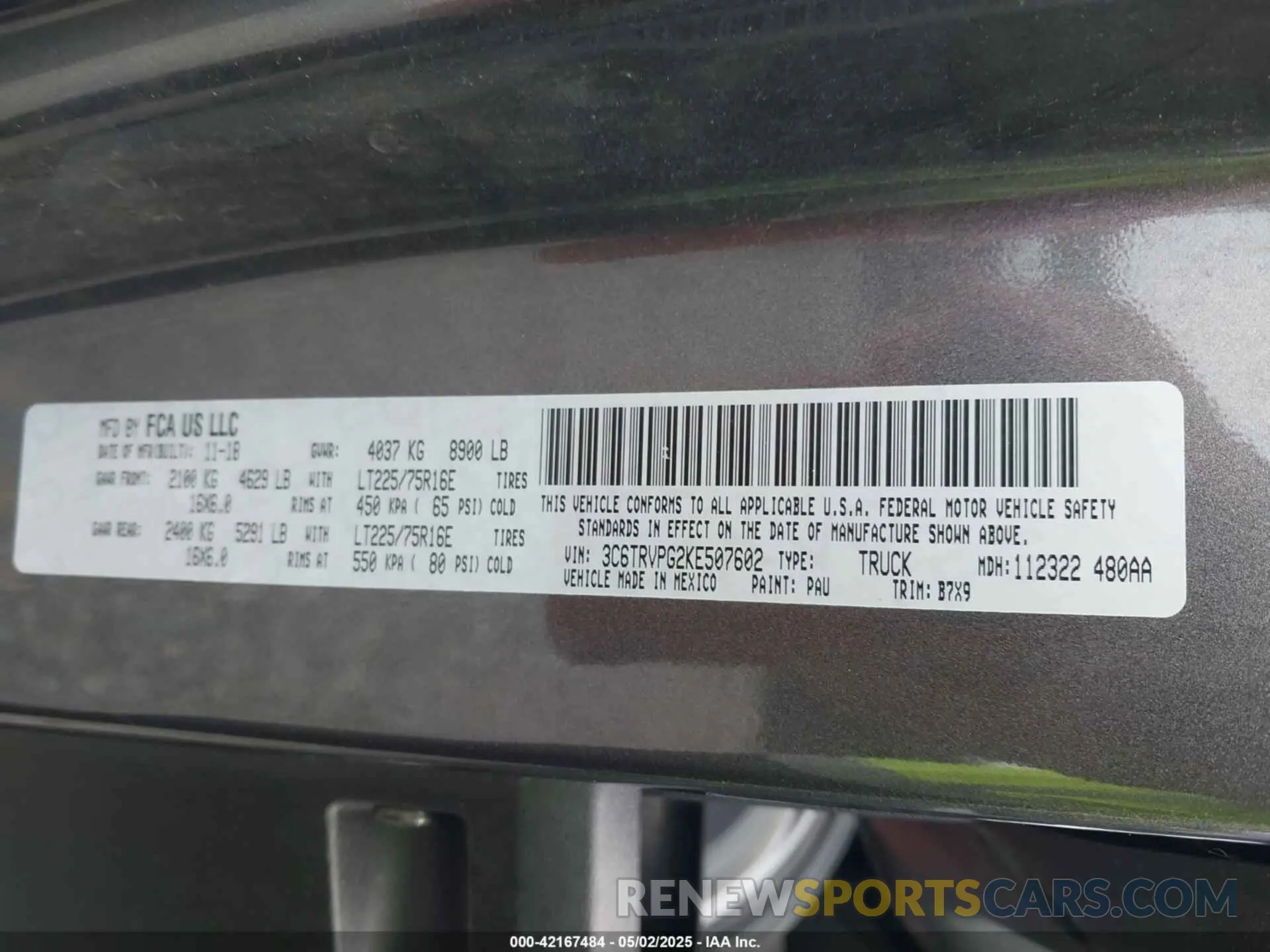 9 fotografías del automóvil dañado 3C6TRVPG2KE507602 RAM PROMASTER 2500 2019