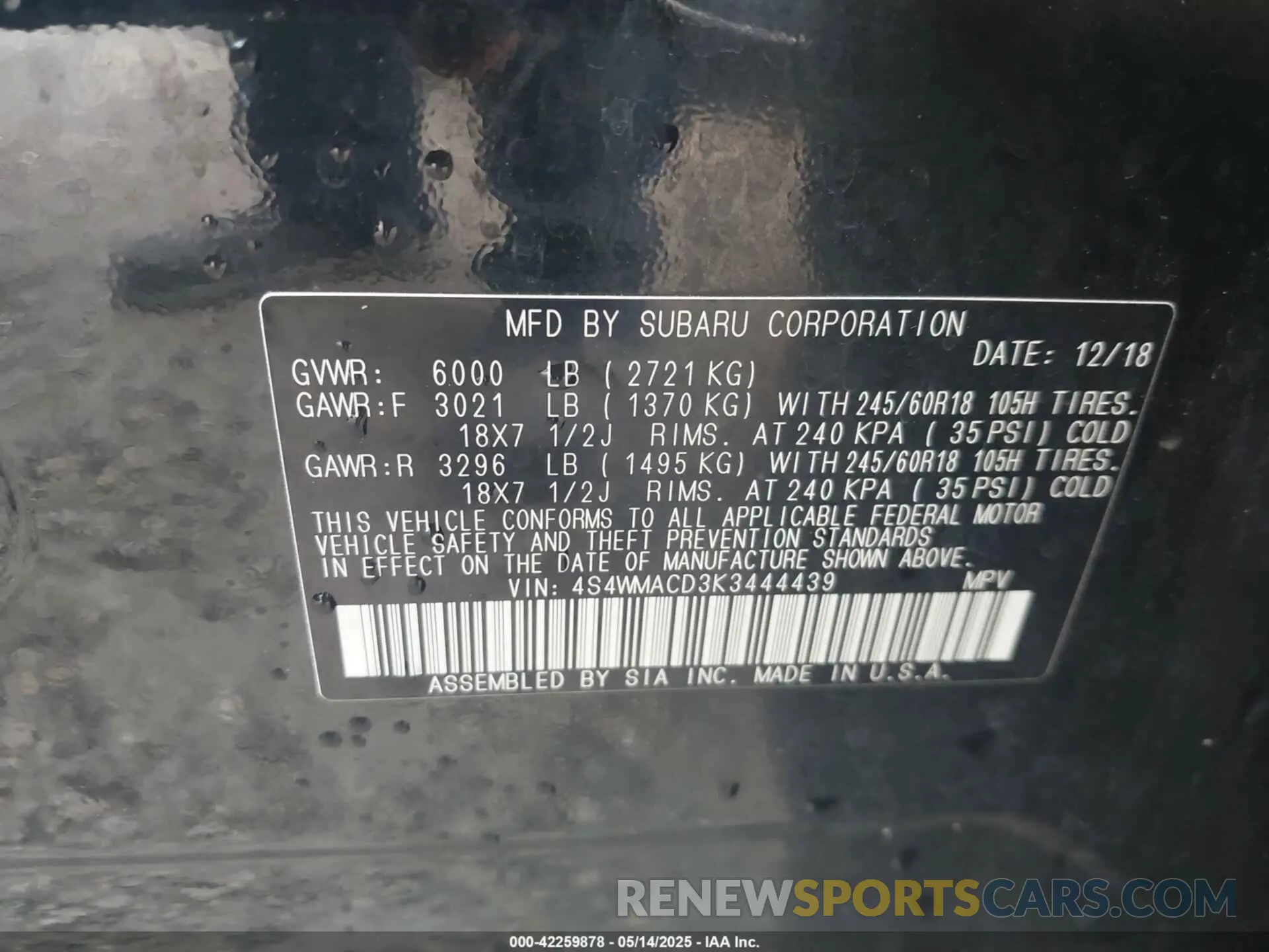 9 fotografías del automóvil dañado 4S4WMACD3K3444439 SUBARU ASCENT 2019