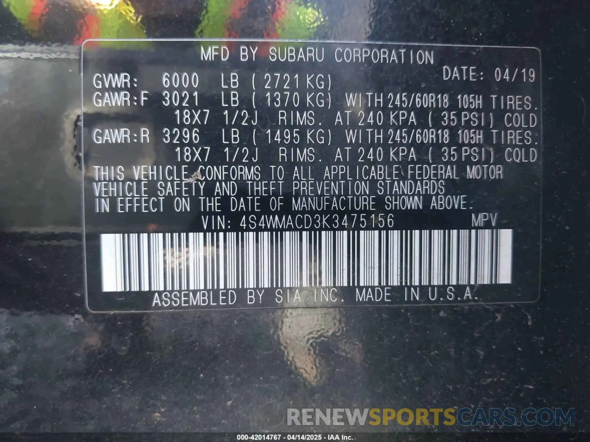 9 fotografías del automóvil dañado 4S4WMACD3K3475156 SUBARU ASCENT 2019