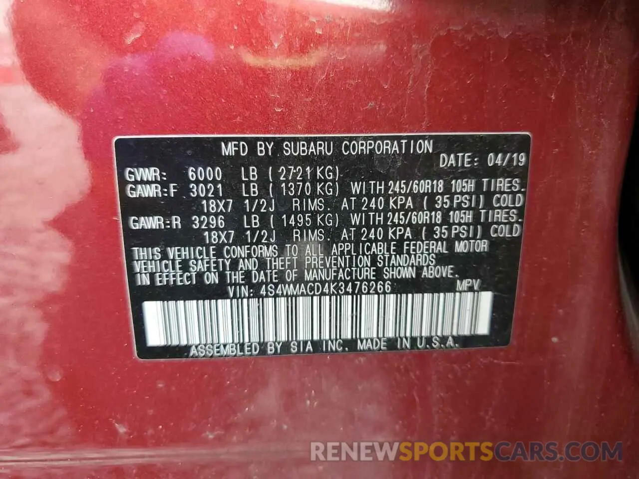 13 fotografías del automóvil dañado 4S4WMACD4K3476266 SUBARU ASCENT 2019