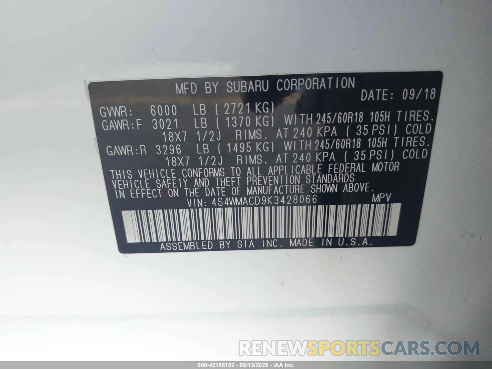 9 fotografías del automóvil dañado 4S4WMACD9K3428066 SUBARU ASCENT 2019