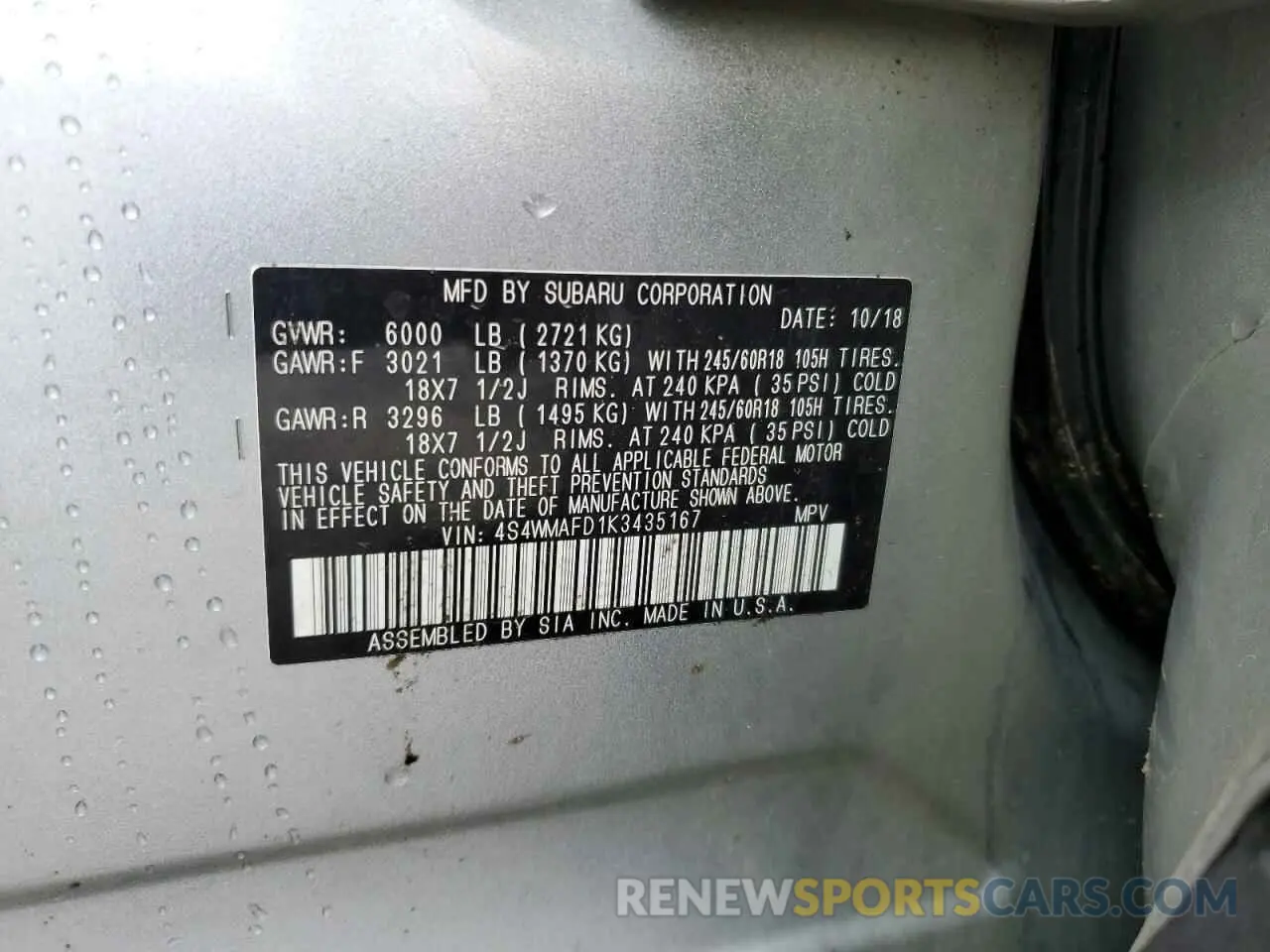 13 fotografías del automóvil dañado 4S4WMAFD1K3435167 SUBARU ASCENT 2019