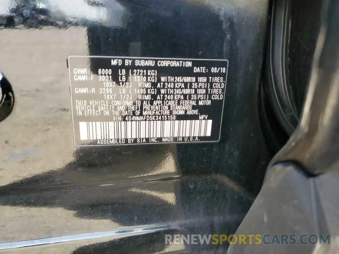 14 fotografías del automóvil dañado 4S4WMAFD5K3415150 SUBARU ASCENT 2019