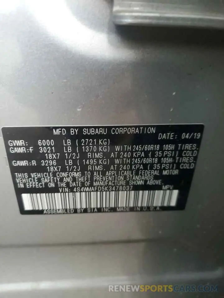 13 fotografías del automóvil dañado 4S4WMAFD5K3478037 SUBARU ASCENT 2019