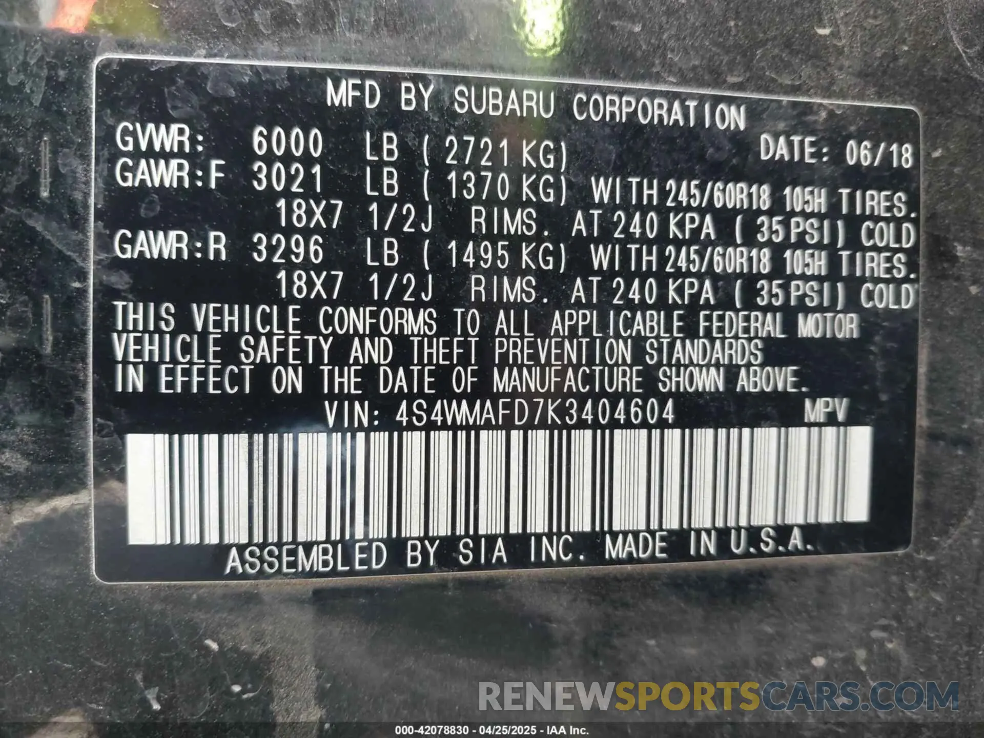 9 fotografías del automóvil dañado 4S4WMAFD7K3404604 SUBARU ASCENT 2019