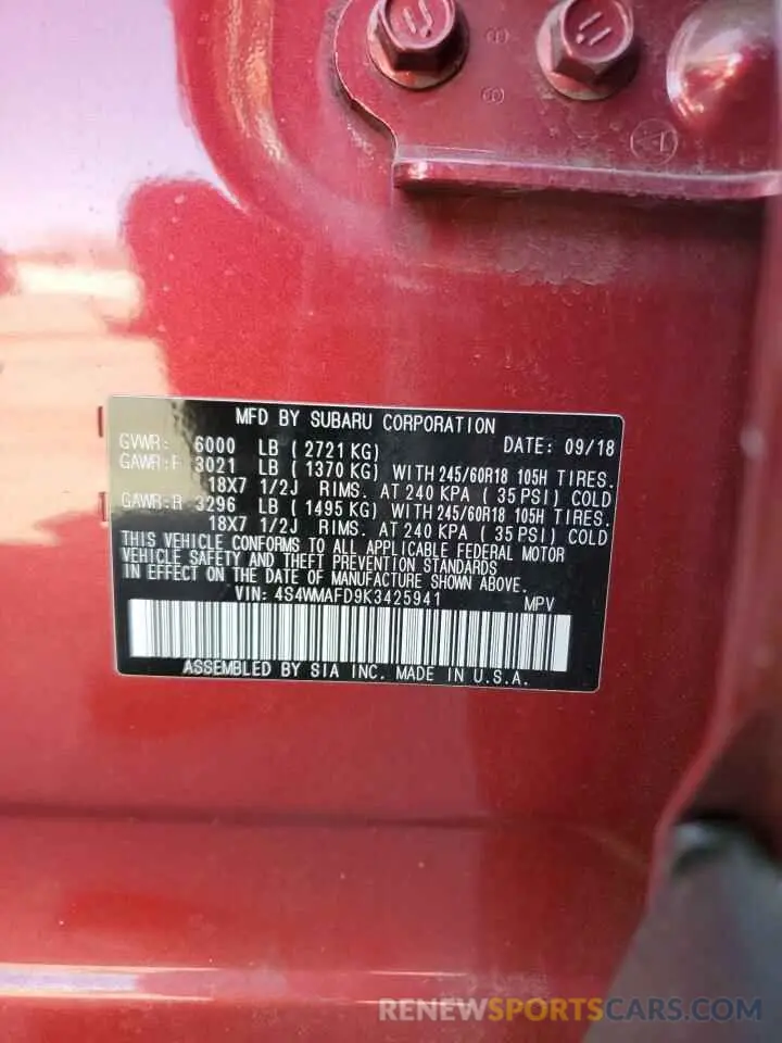 13 fotografías del automóvil dañado 4S4WMAFD9K3425941 SUBARU ASCENT 2019