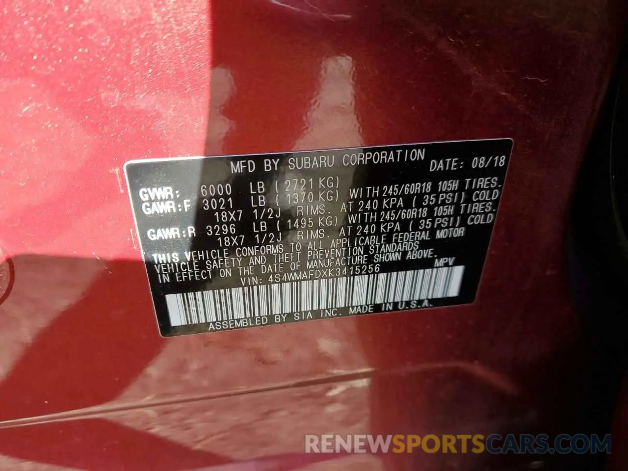 13 fotografías del automóvil dañado 4S4WMAFDXK3415256 SUBARU ASCENT 2019