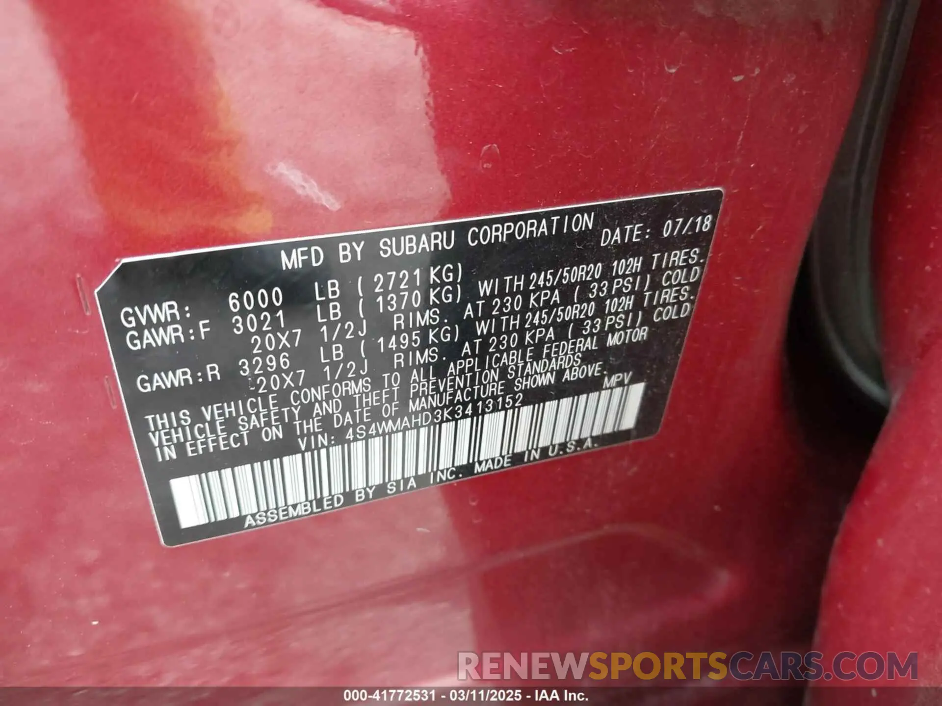 9 fotografías del automóvil dañado 4S4WMAHD3K3413152 SUBARU ASCENT 2019