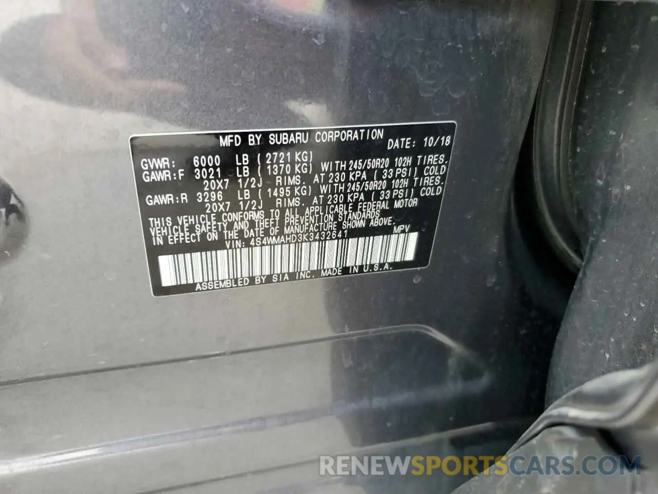 14 fotografías del automóvil dañado 4S4WMAHD3K3432641 SUBARU ASCENT 2019