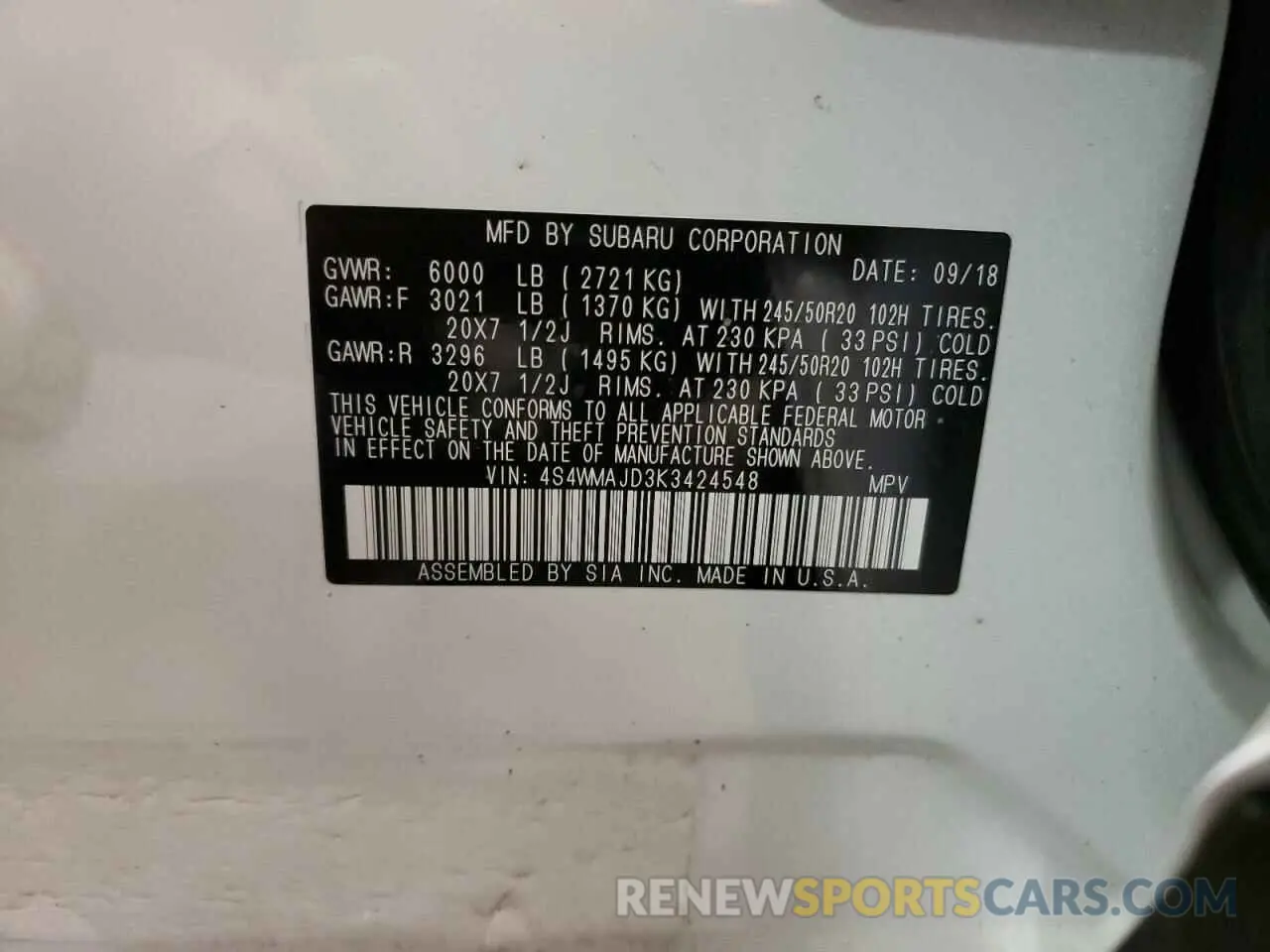 15 fotografías del automóvil dañado 4S4WMAJD3K3424548 SUBARU ASCENT 2019