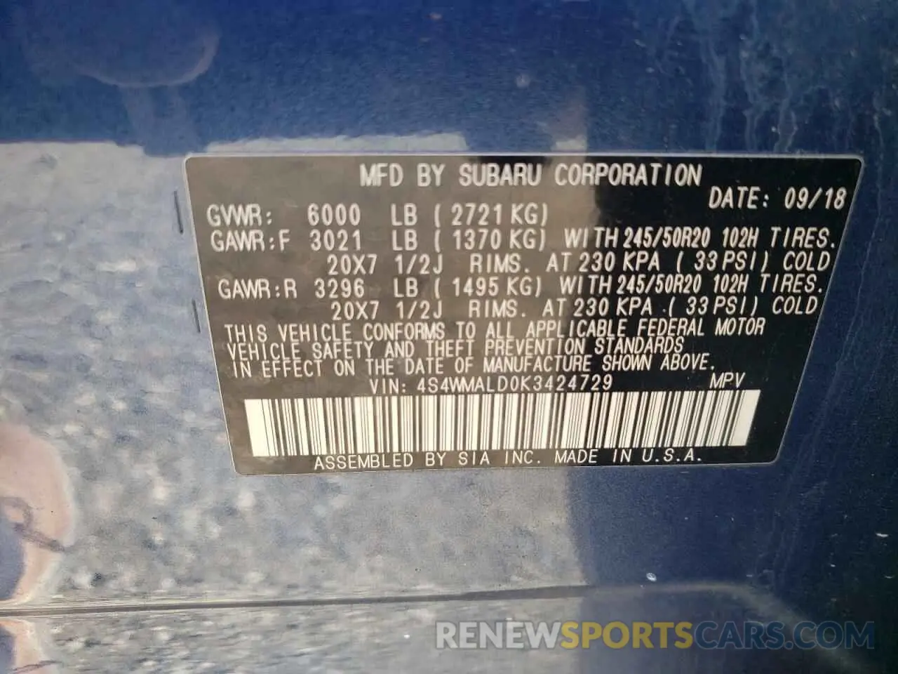 14 fotografías del automóvil dañado 4S4WMALD0K3424729 SUBARU ASCENT 2019