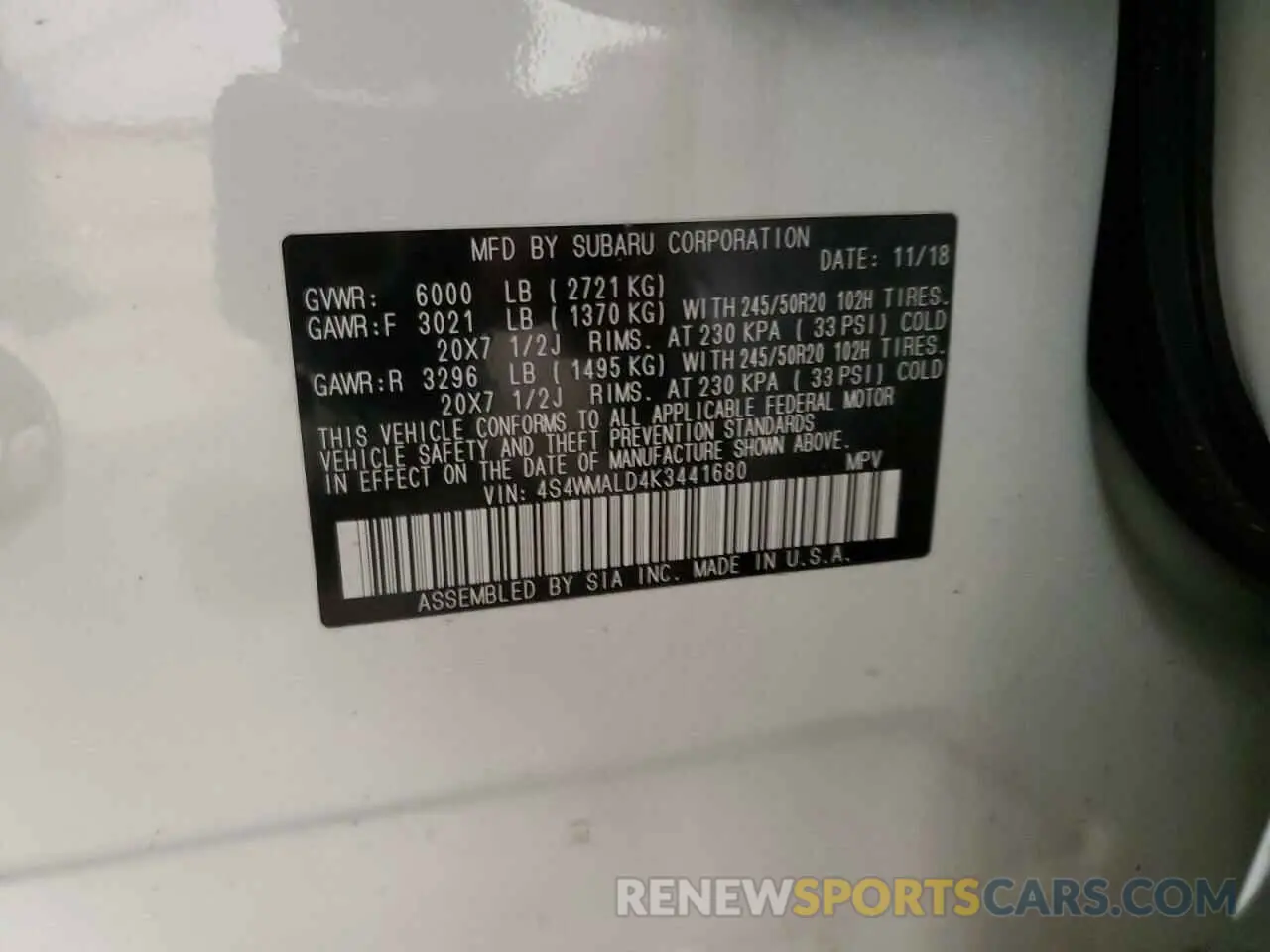 15 fotografías del automóvil dañado 4S4WMALD4K3441680 SUBARU ASCENT 2019