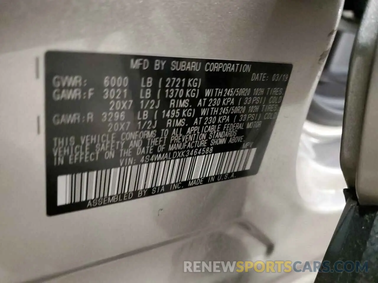 14 fotografías del automóvil dañado 4S4WMALDXK3464588 SUBARU ASCENT 2019