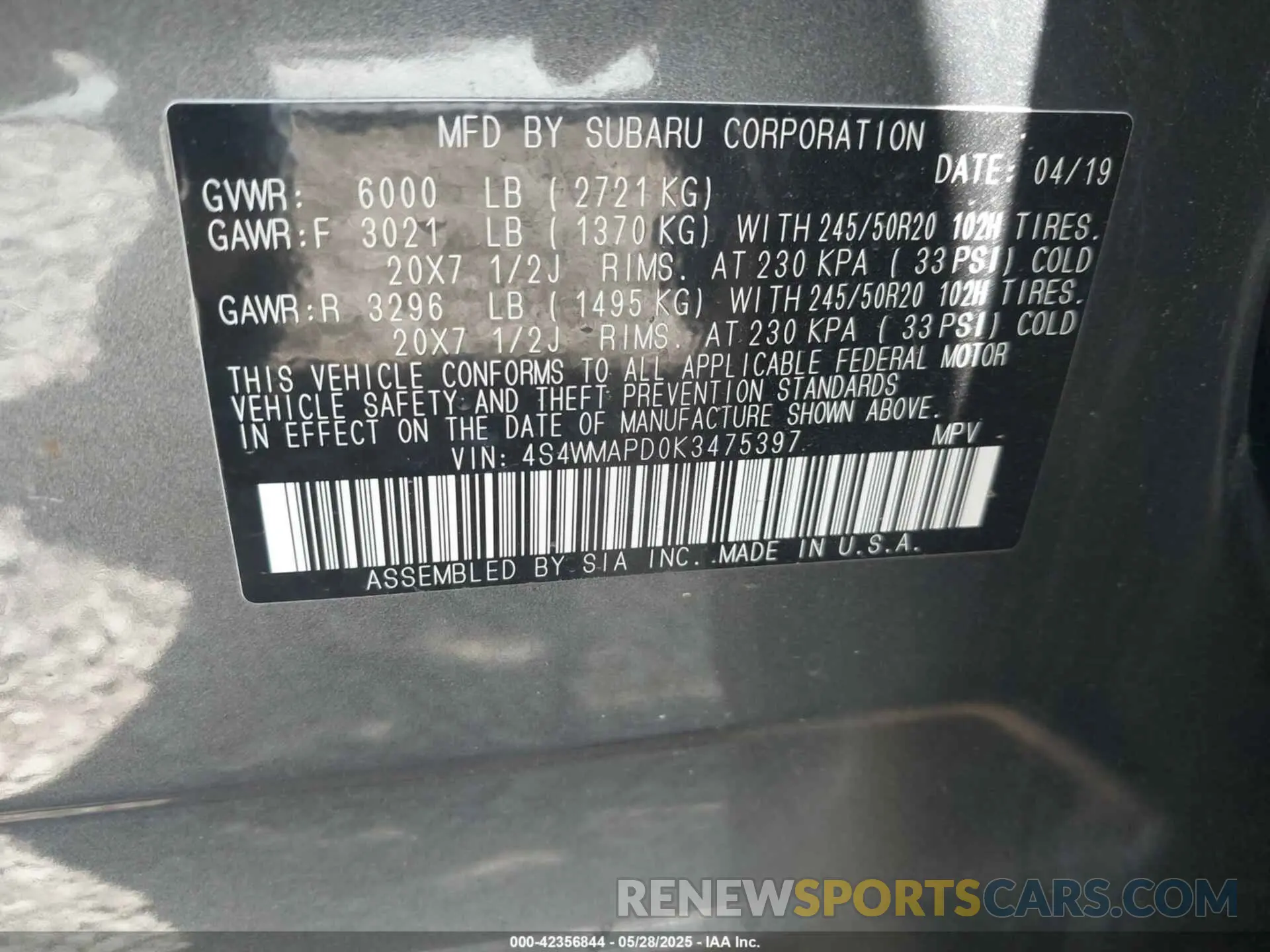 9 fotografías del automóvil dañado 4S4WMAPD0K3475397 SUBARU ASCENT 2019