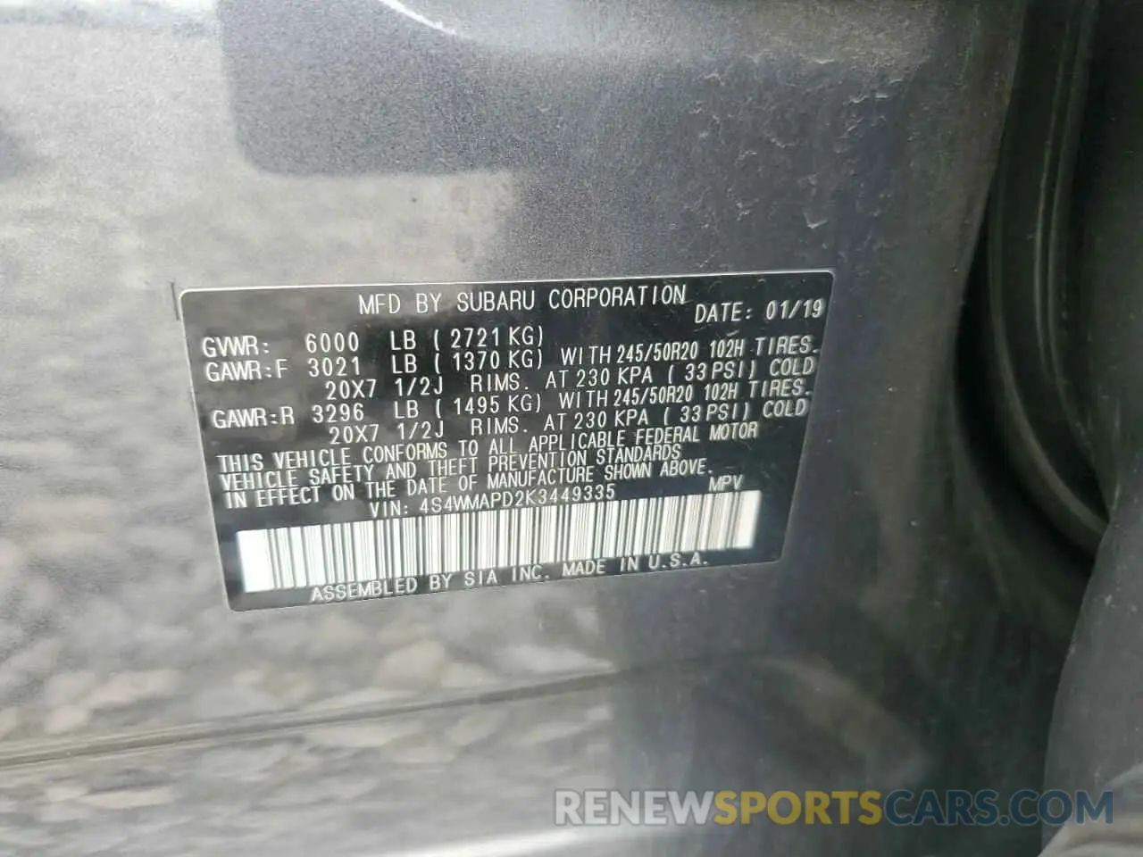 13 fotografías del automóvil dañado 4S4WMAPD2K3449335 SUBARU ASCENT 2019
