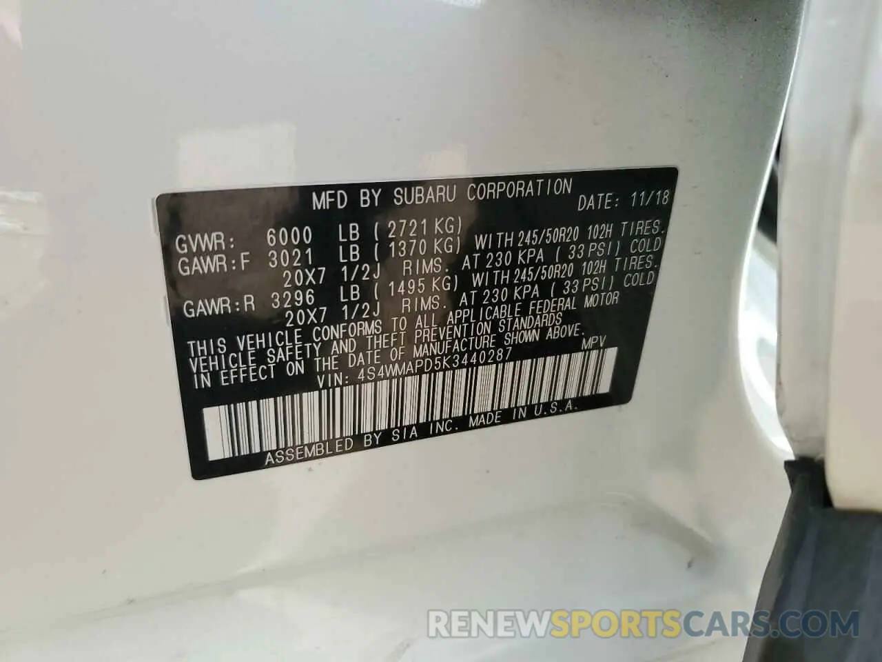 12 fotografías del automóvil dañado 4S4WMAPD5K3440287 SUBARU ASCENT 2019