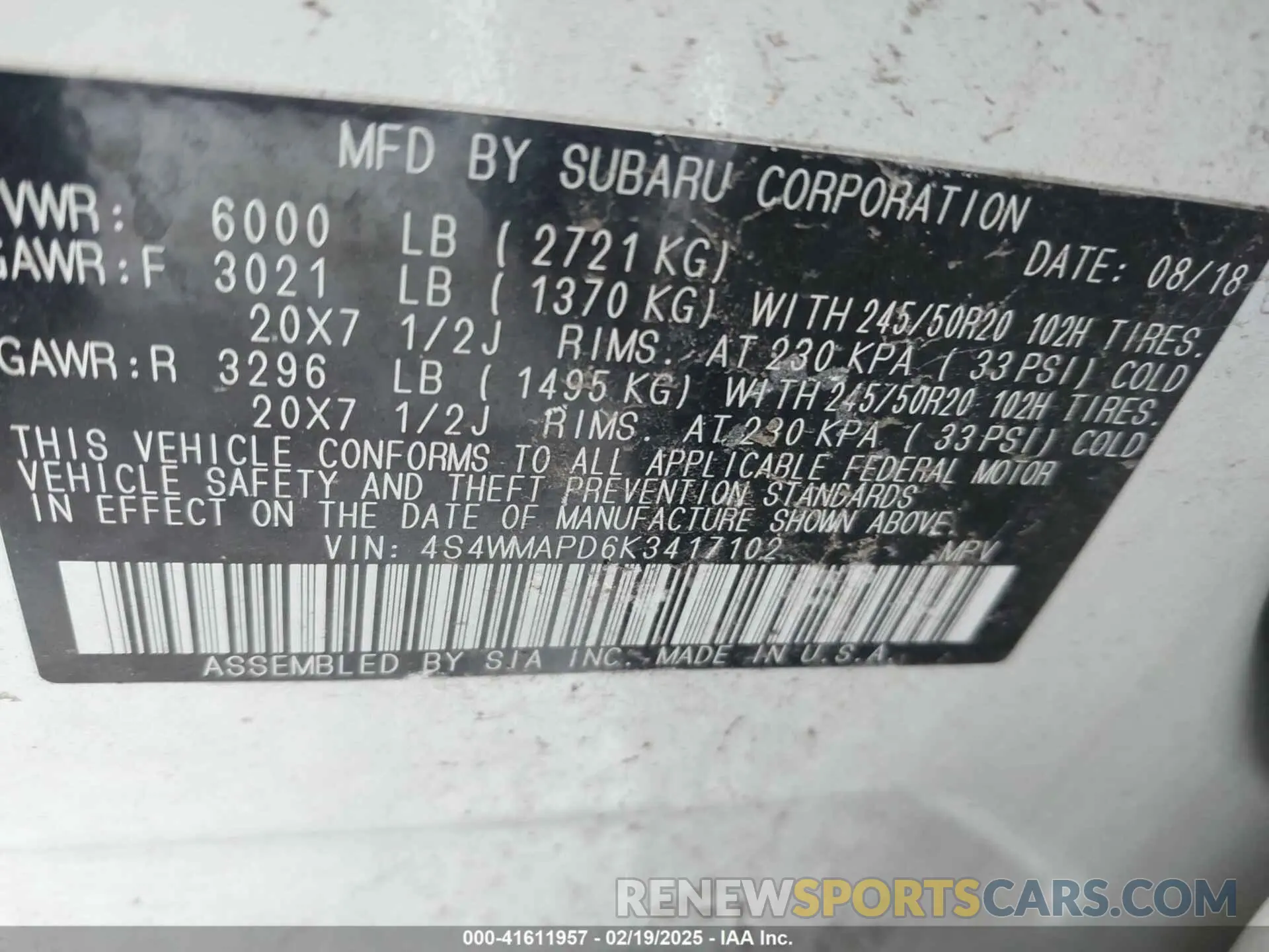 9 fotografías del automóvil dañado 4S4WMAPD6K3417102 SUBARU ASCENT 2019