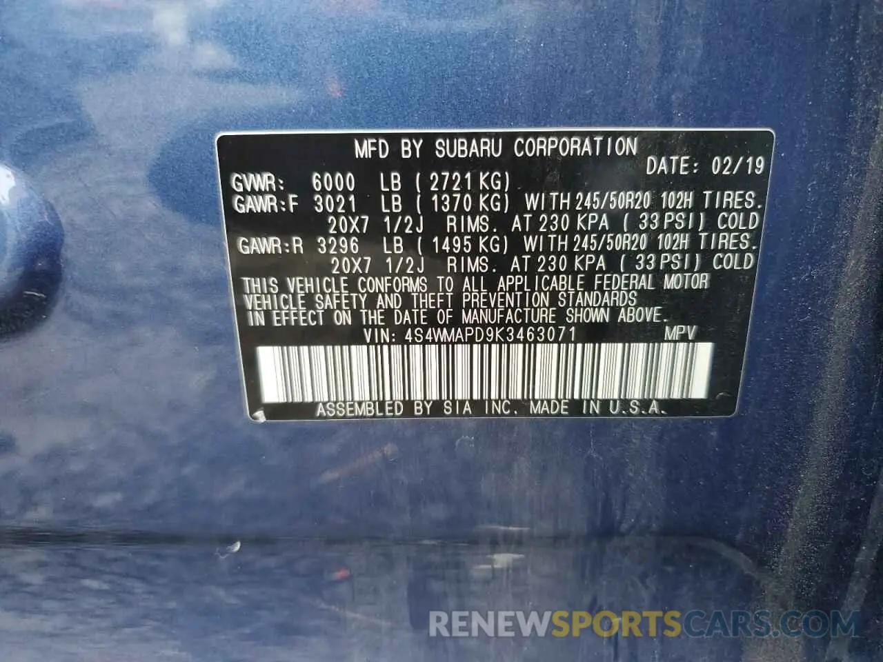 14 fotografías del automóvil dañado 4S4WMAPD9K3463071 SUBARU ASCENT 2019
