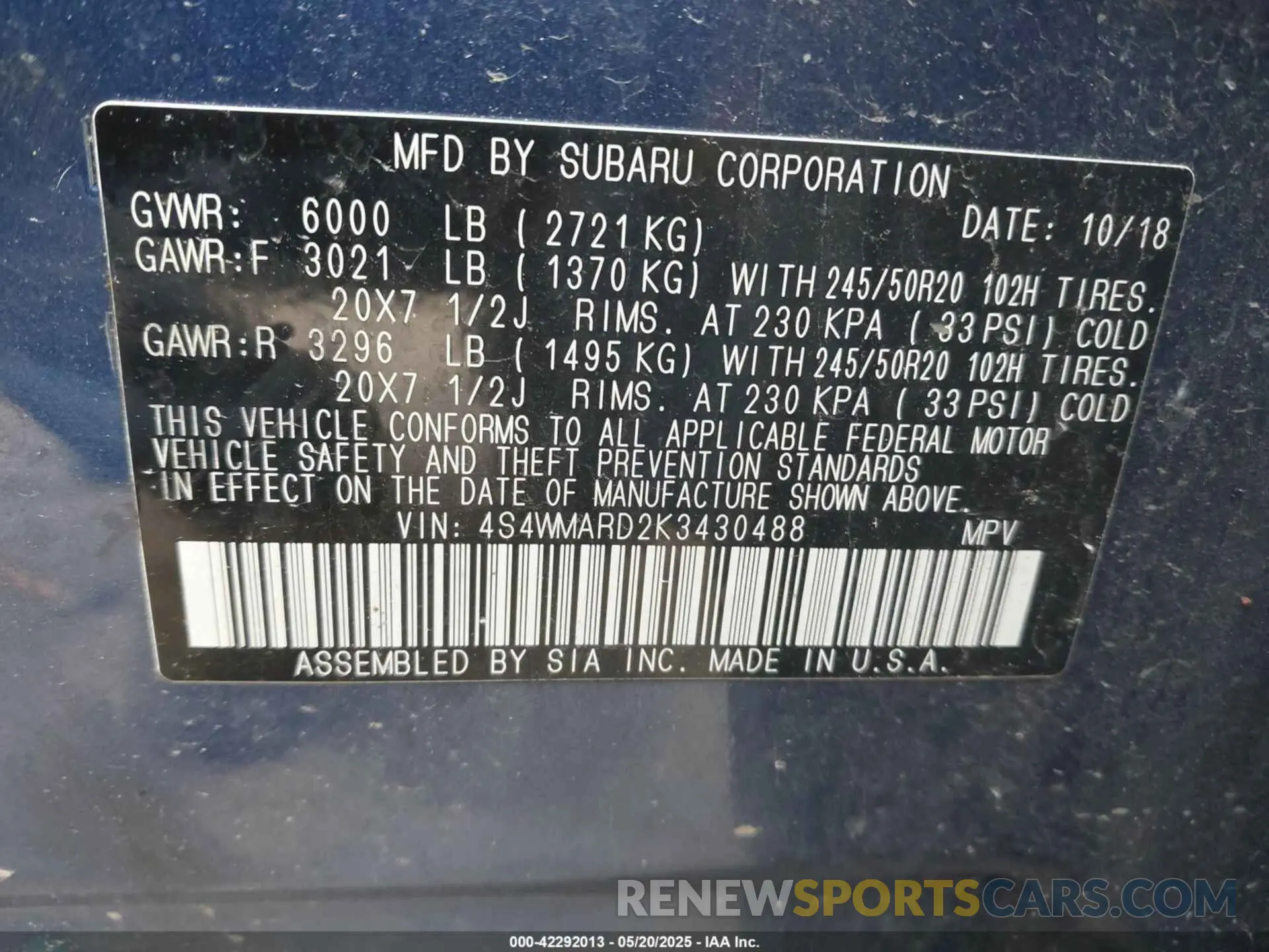 9 fotografías del automóvil dañado 4S4WMARD2K3430488 SUBARU ASCENT 2019