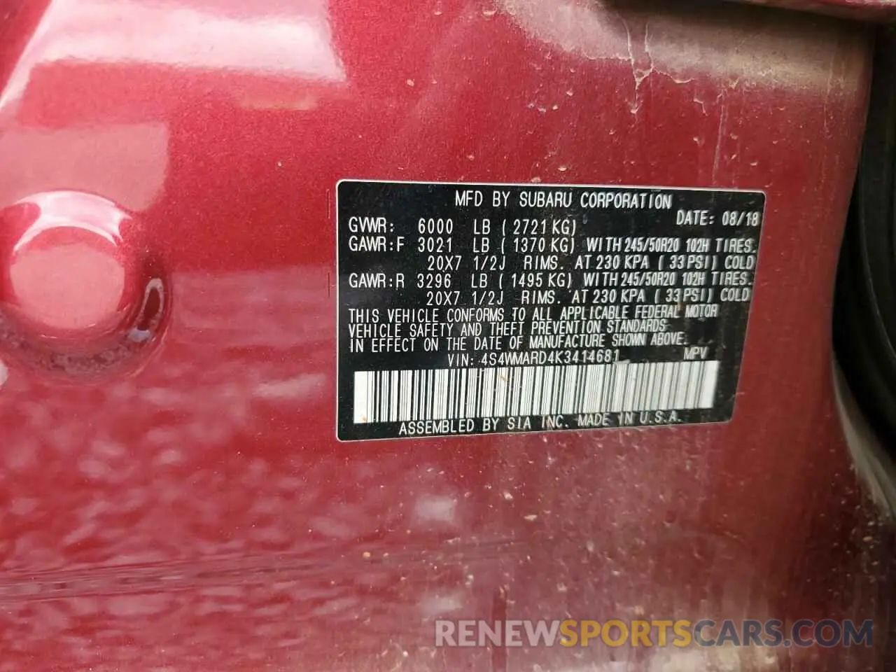 13 fotografías del automóvil dañado 4S4WMARD4K3414681 SUBARU ASCENT 2019