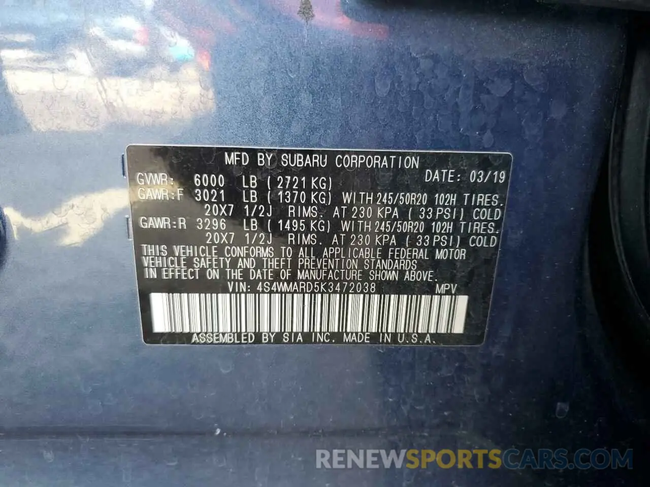 14 fotografías del automóvil dañado 4S4WMARD5K3472038 SUBARU ASCENT 2019