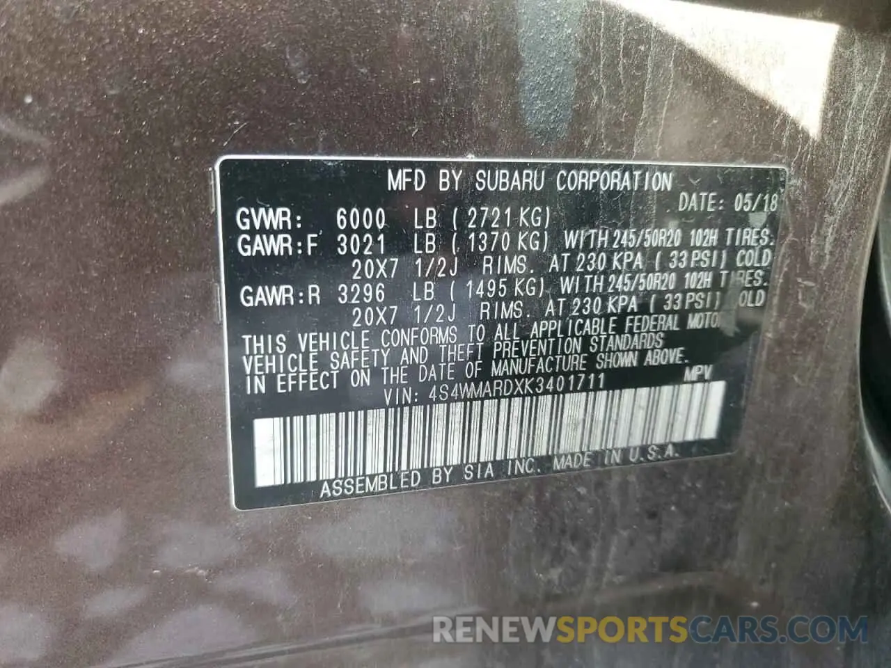 13 fotografías del automóvil dañado 4S4WMARDXK3401711 SUBARU ASCENT 2019