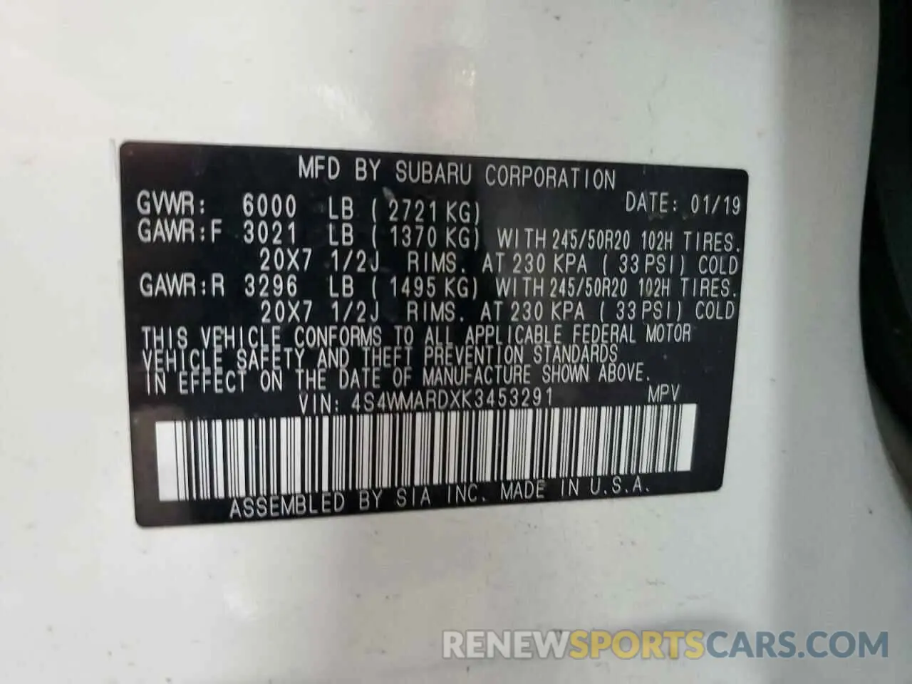 13 fotografías del automóvil dañado 4S4WMARDXK3453291 SUBARU ASCENT 2019