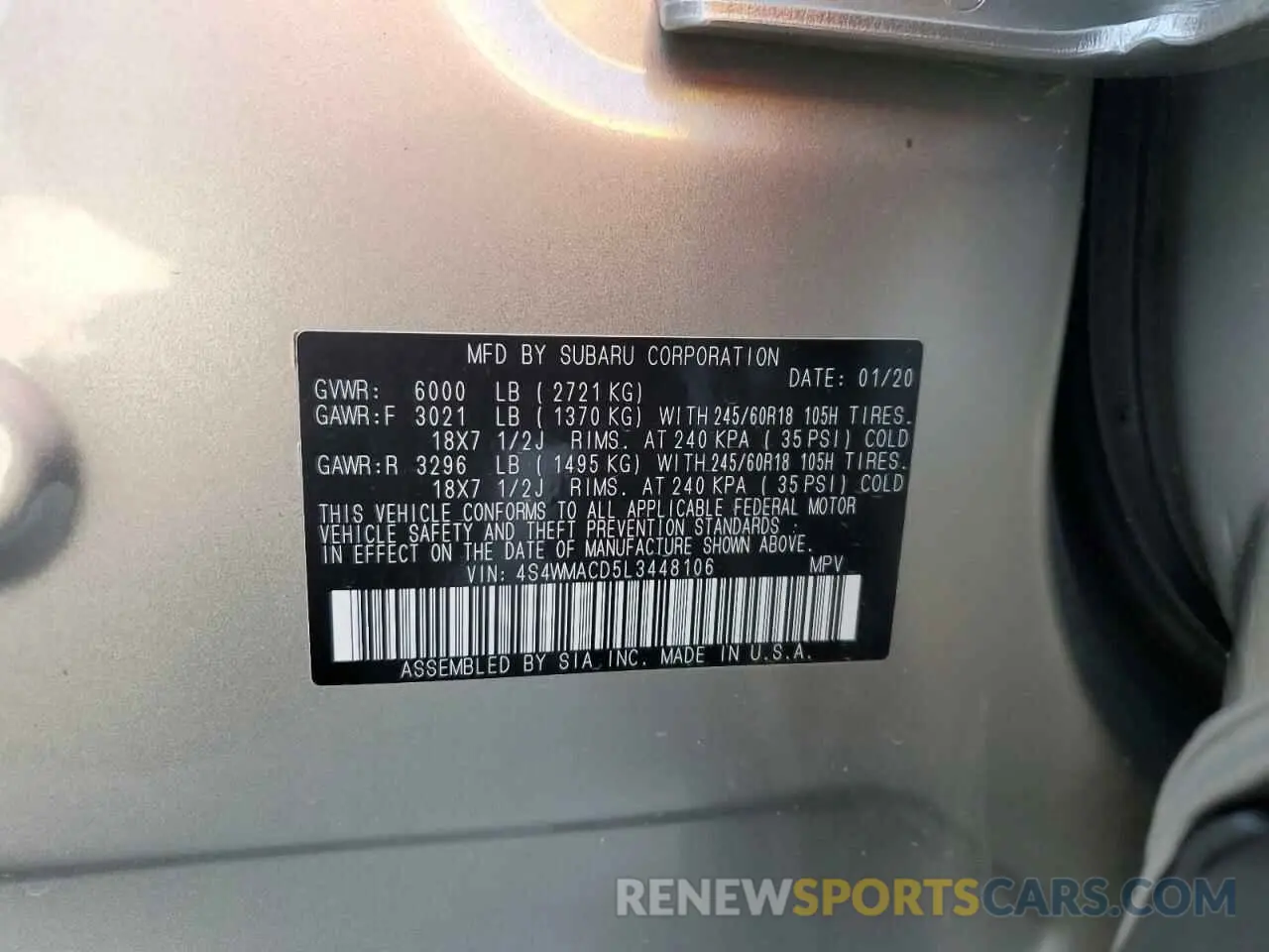 14 fotografías del automóvil dañado 4S4WMACD5L3448106 SUBARU ASCENT 2020