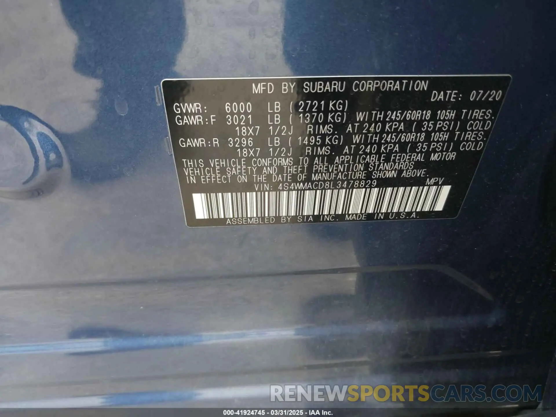 9 fotografías del automóvil dañado 4S4WMACD8L3478829 SUBARU ASCENT 2020