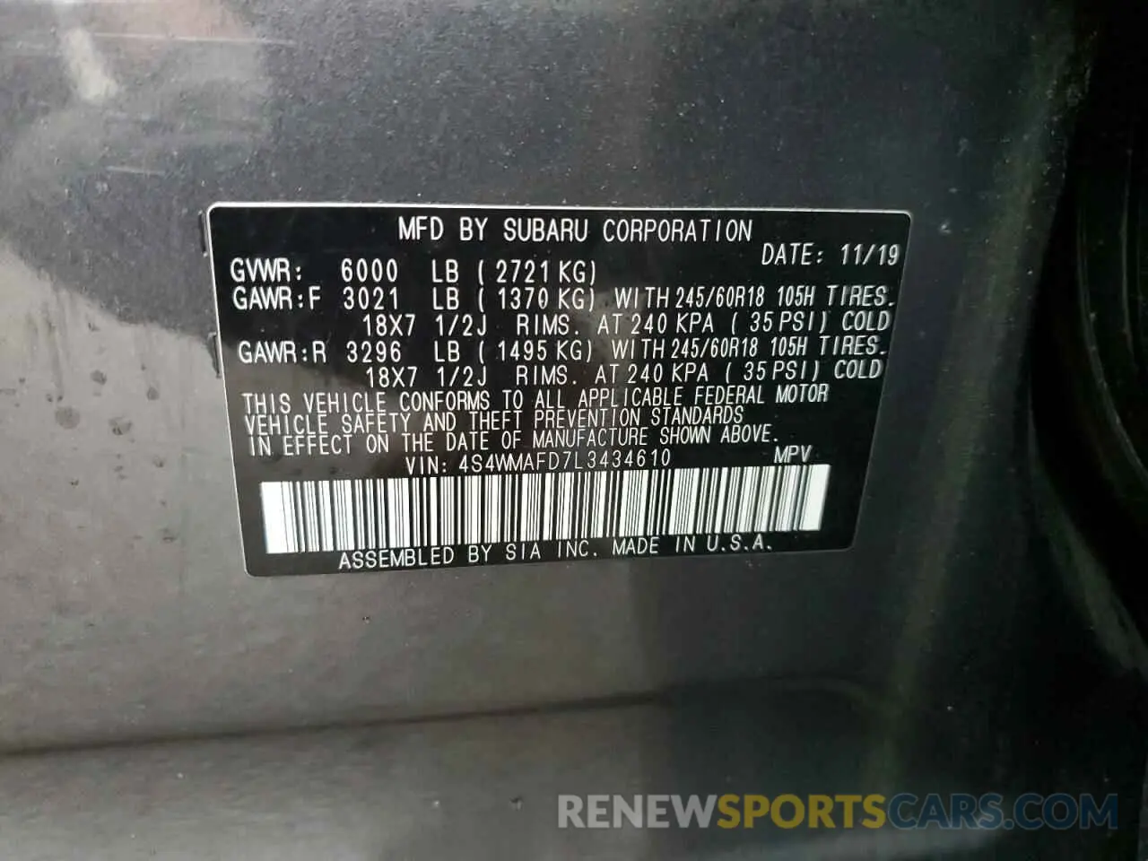 15 fotografías del automóvil dañado 4S4WMAFD7L3434610 SUBARU ASCENT 2020