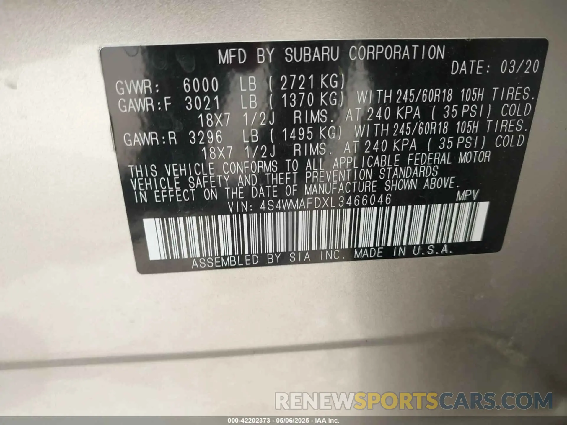 9 fotografías del automóvil dañado 4S4WMAFDXL3466046 SUBARU ASCENT 2020