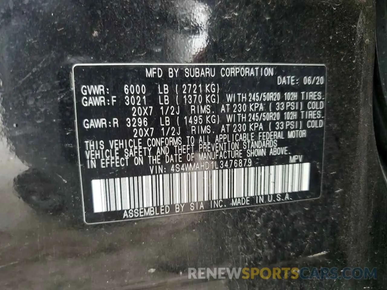 14 fotografías del automóvil dañado 4S4WMAHD1L3476879 SUBARU ASCENT 2020