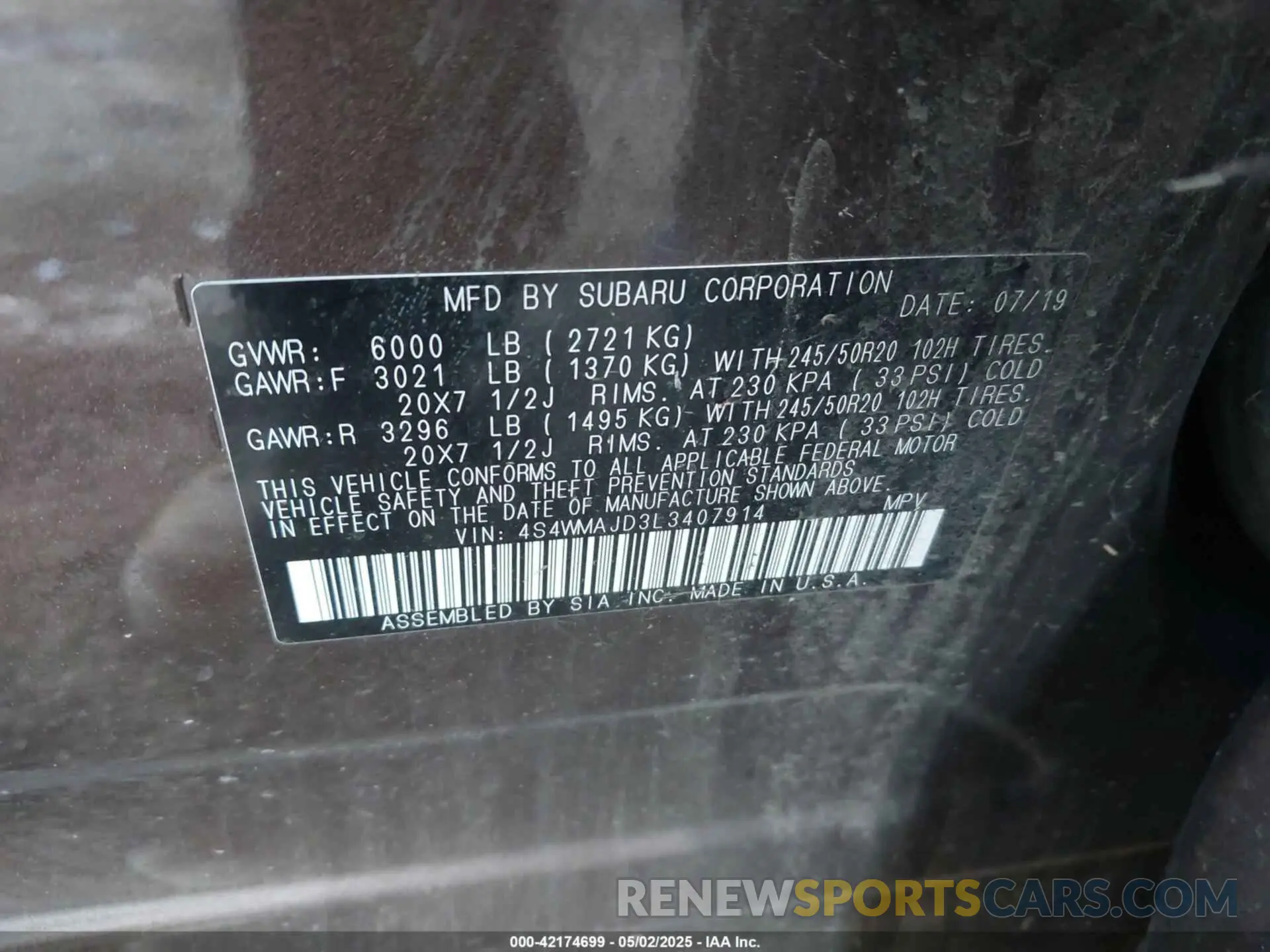 9 fotografías del automóvil dañado 4S4WMAJD3L3407914 SUBARU ASCENT 2020