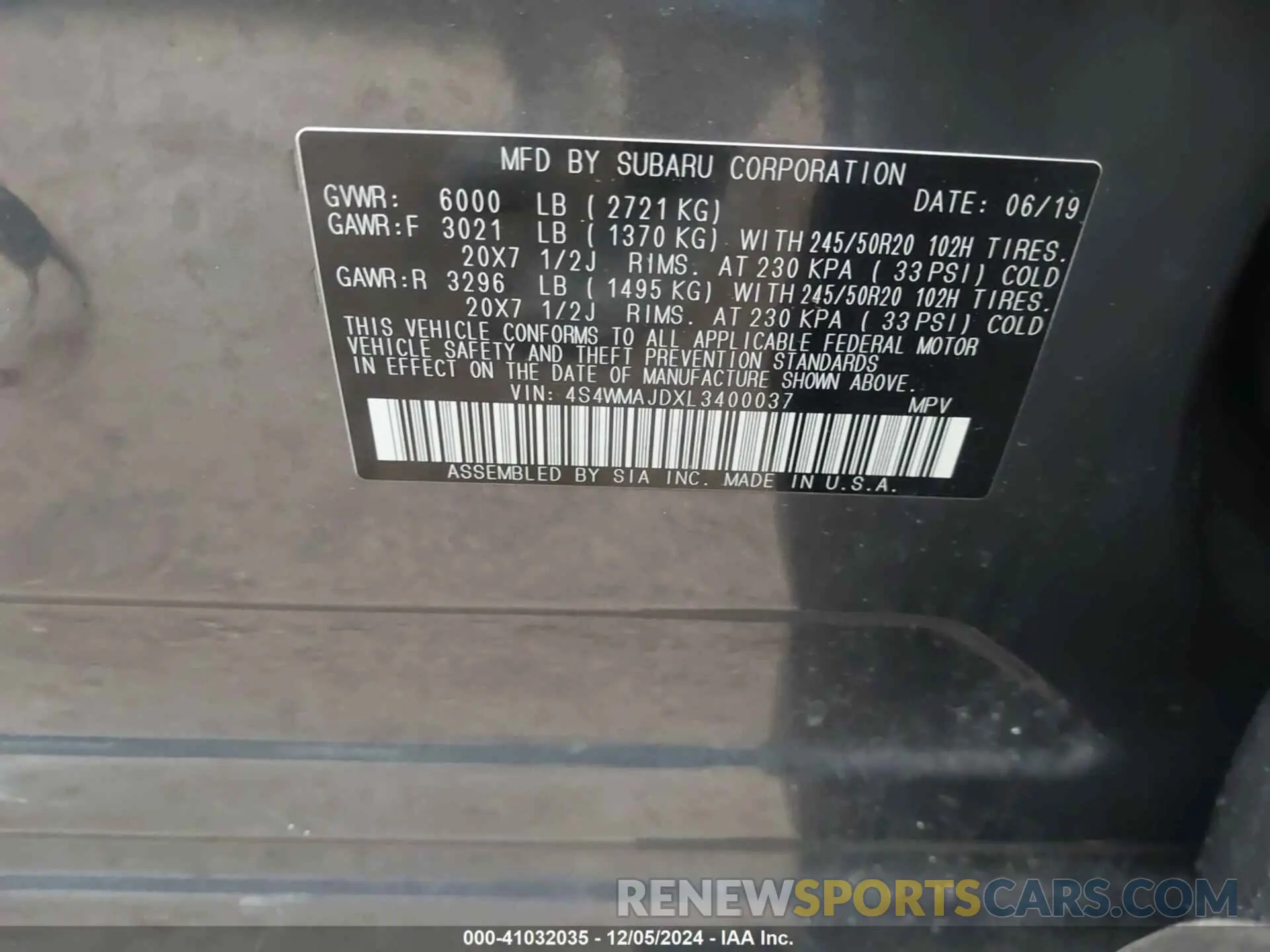 9 fotografías del automóvil dañado 4S4WMAJDXL3400037 SUBARU ASCENT 2020