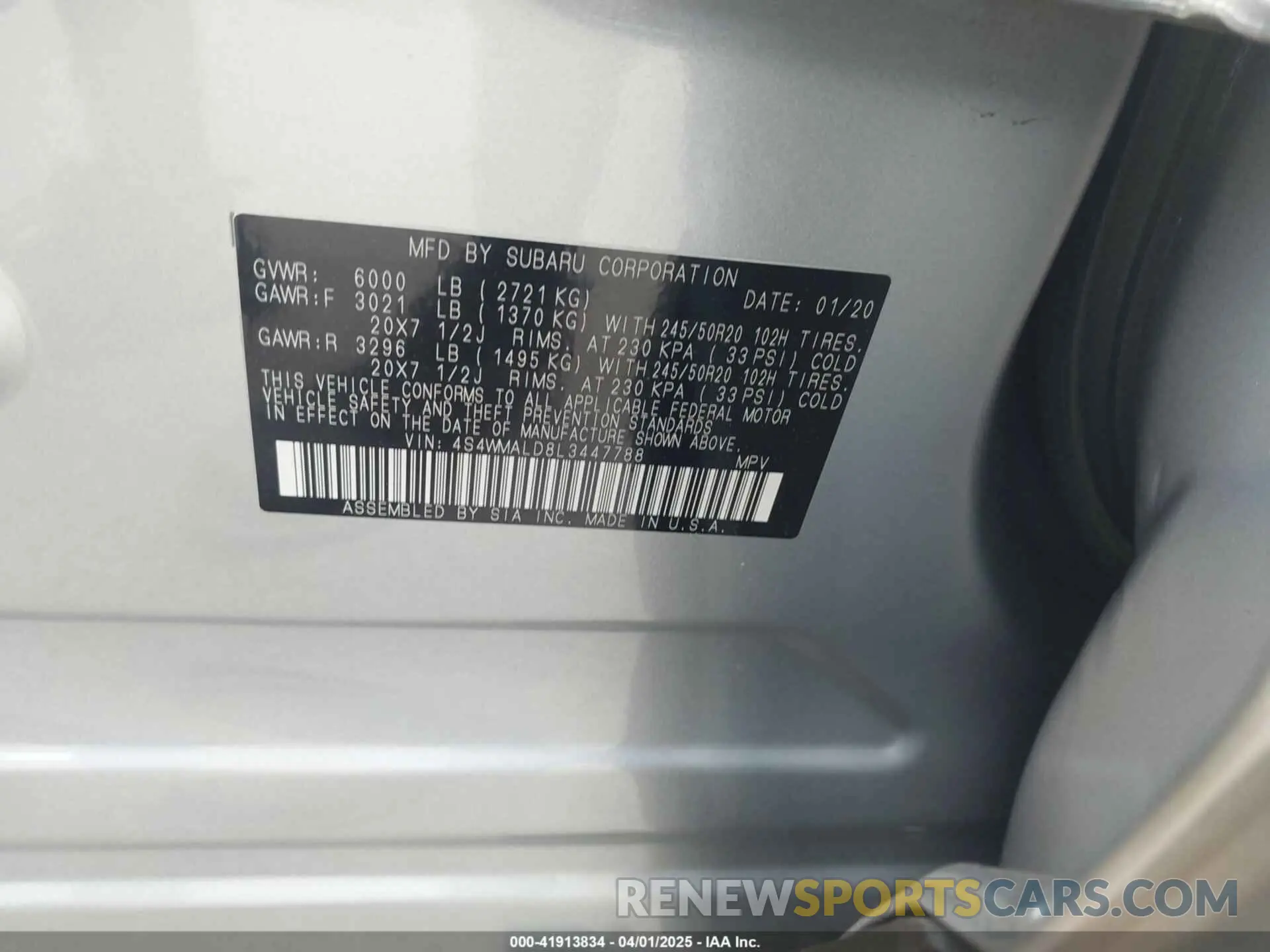 9 fotografías del automóvil dañado 4S4WMALD8L3447788 SUBARU ASCENT 2020
