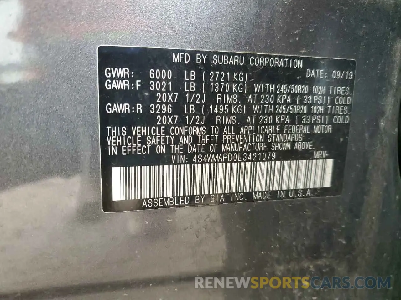 14 fotografías del automóvil dañado 4S4WMAPD0L3421079 SUBARU ASCENT 2020