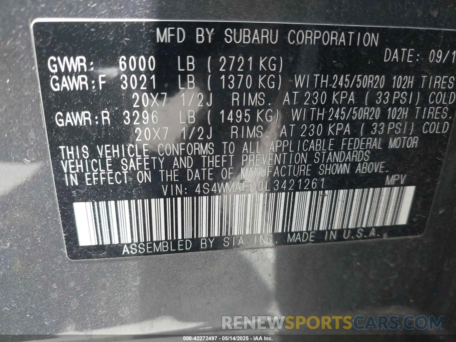 9 fotografías del automóvil dañado 4S4WMAPD0L3421261 SUBARU ASCENT 2020