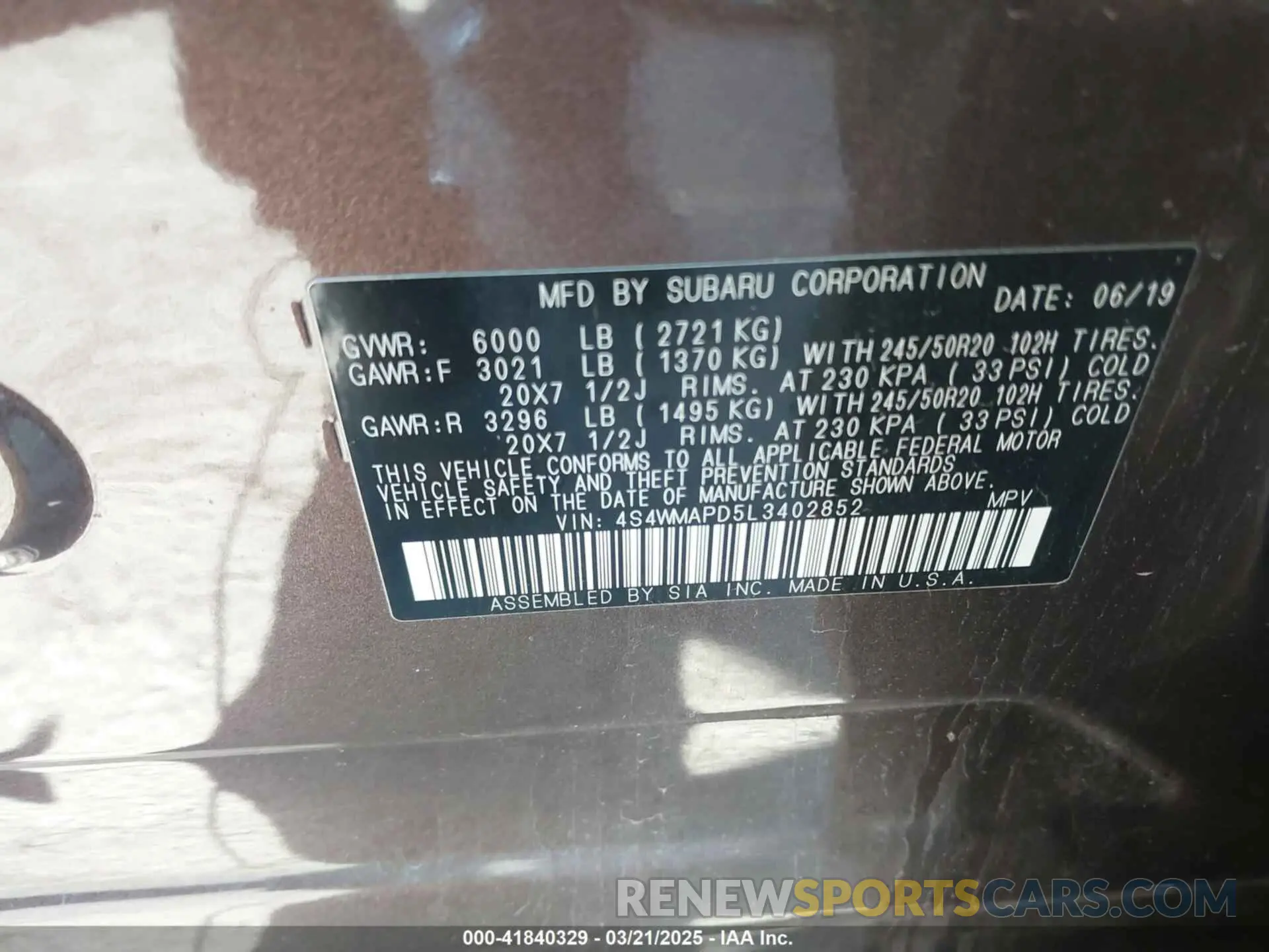 9 fotografías del automóvil dañado 4S4WMAPD5L3402852 SUBARU ASCENT 2020