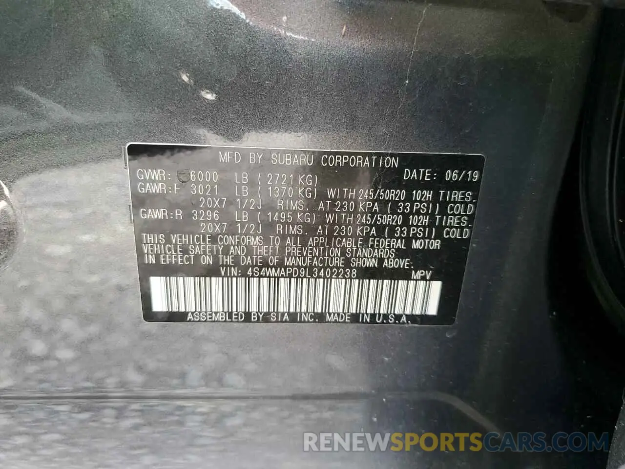 13 fotografías del automóvil dañado 4S4WMAPD9L3402238 SUBARU ASCENT 2020