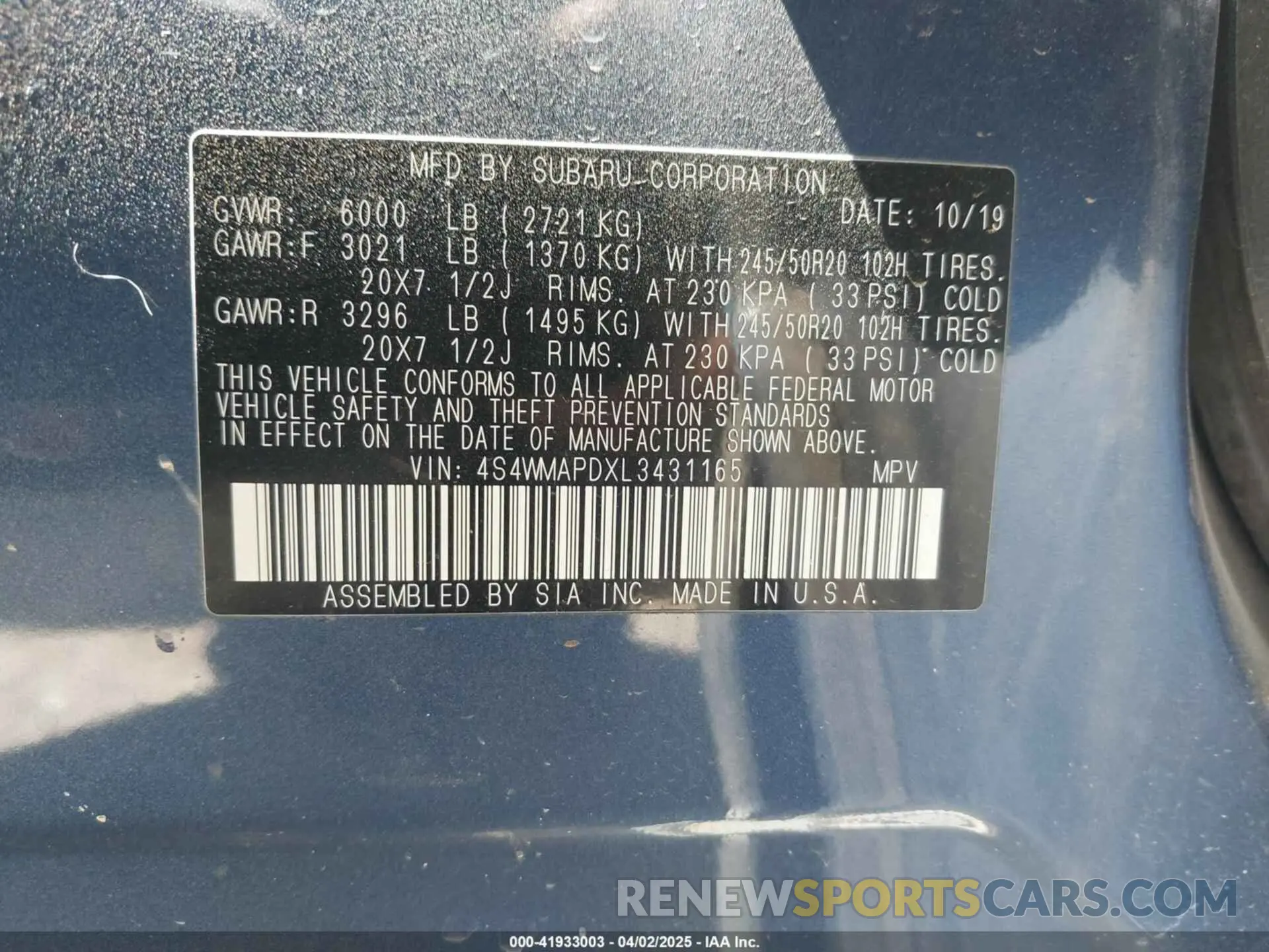 9 fotografías del automóvil dañado 4S4WMAPDXL3431165 SUBARU ASCENT 2020