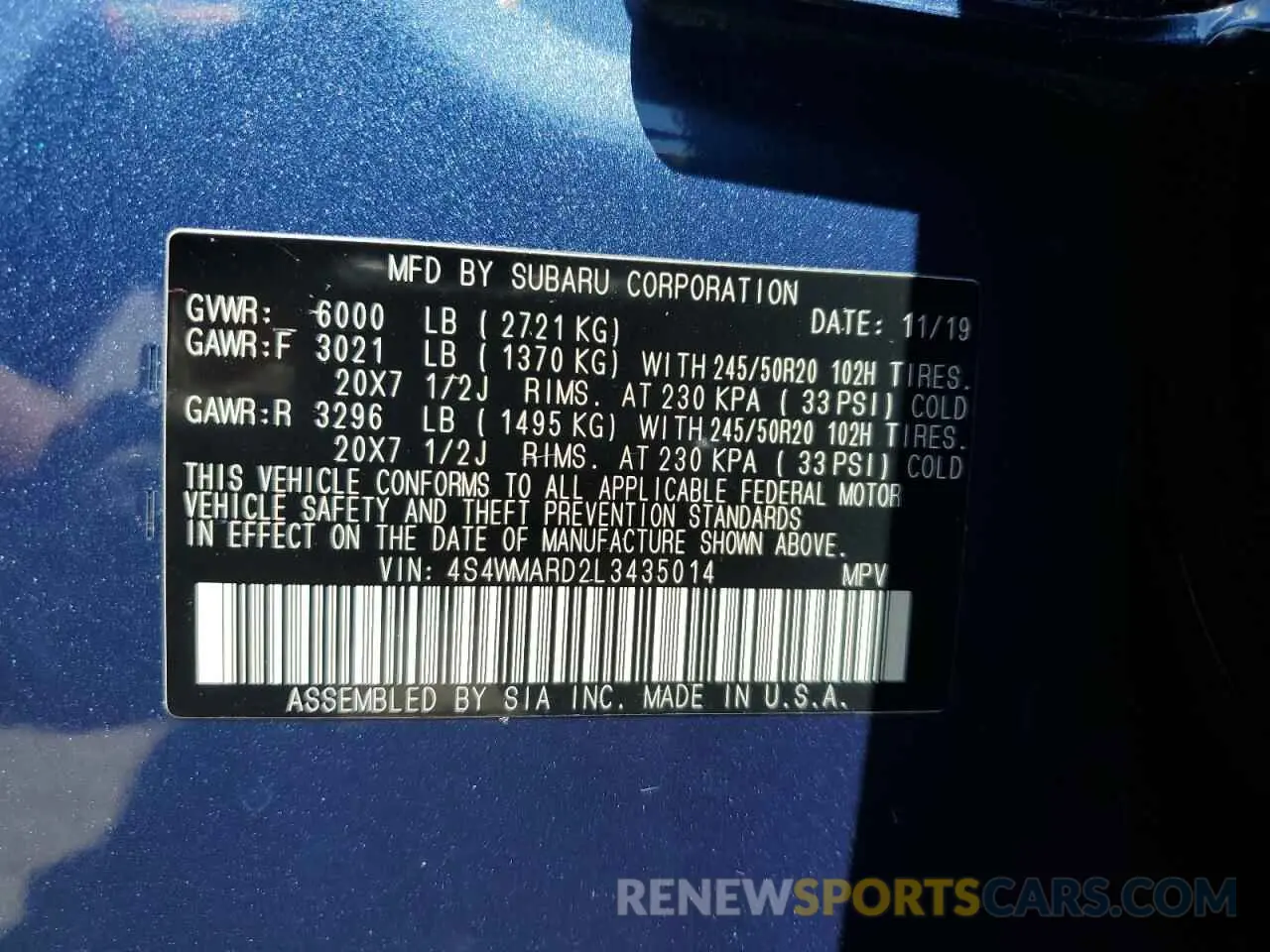 13 fotografías del automóvil dañado 4S4WMARD2L3435014 SUBARU ASCENT 2020