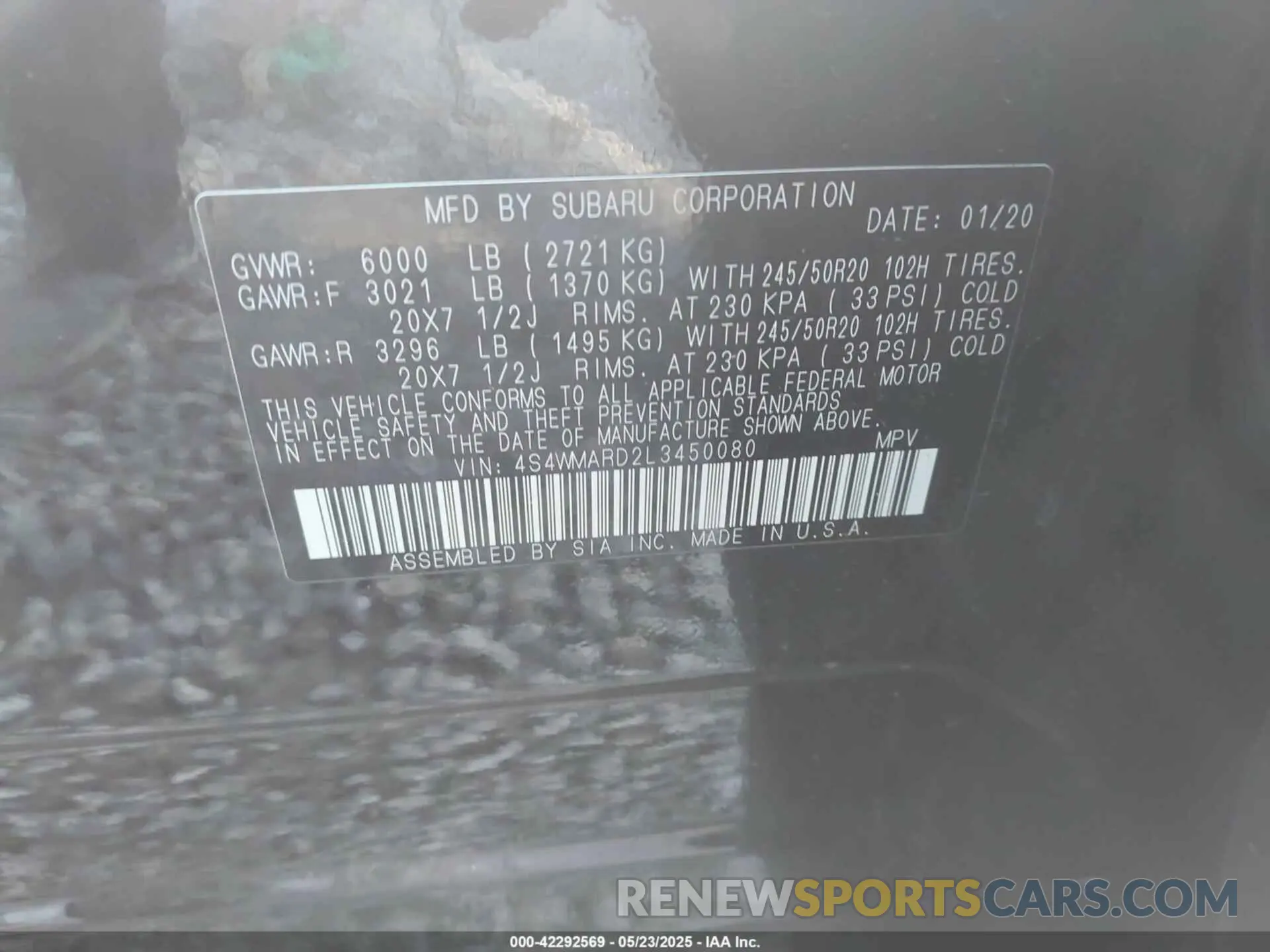 9 fotografías del automóvil dañado 4S4WMARD2L3450080 SUBARU ASCENT 2020