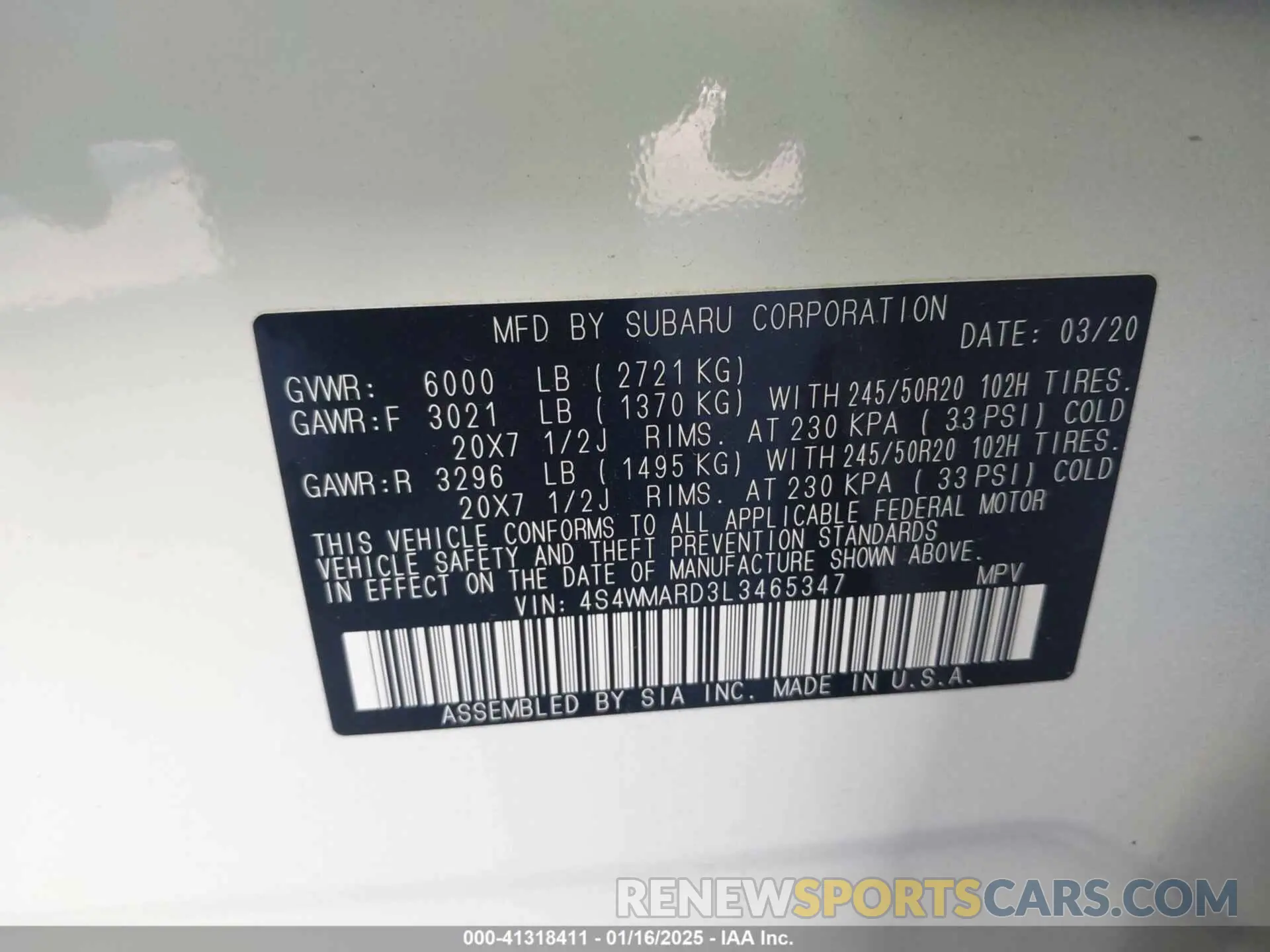9 fotografías del automóvil dañado 4S4WMARD3L3465347 SUBARU ASCENT 2020