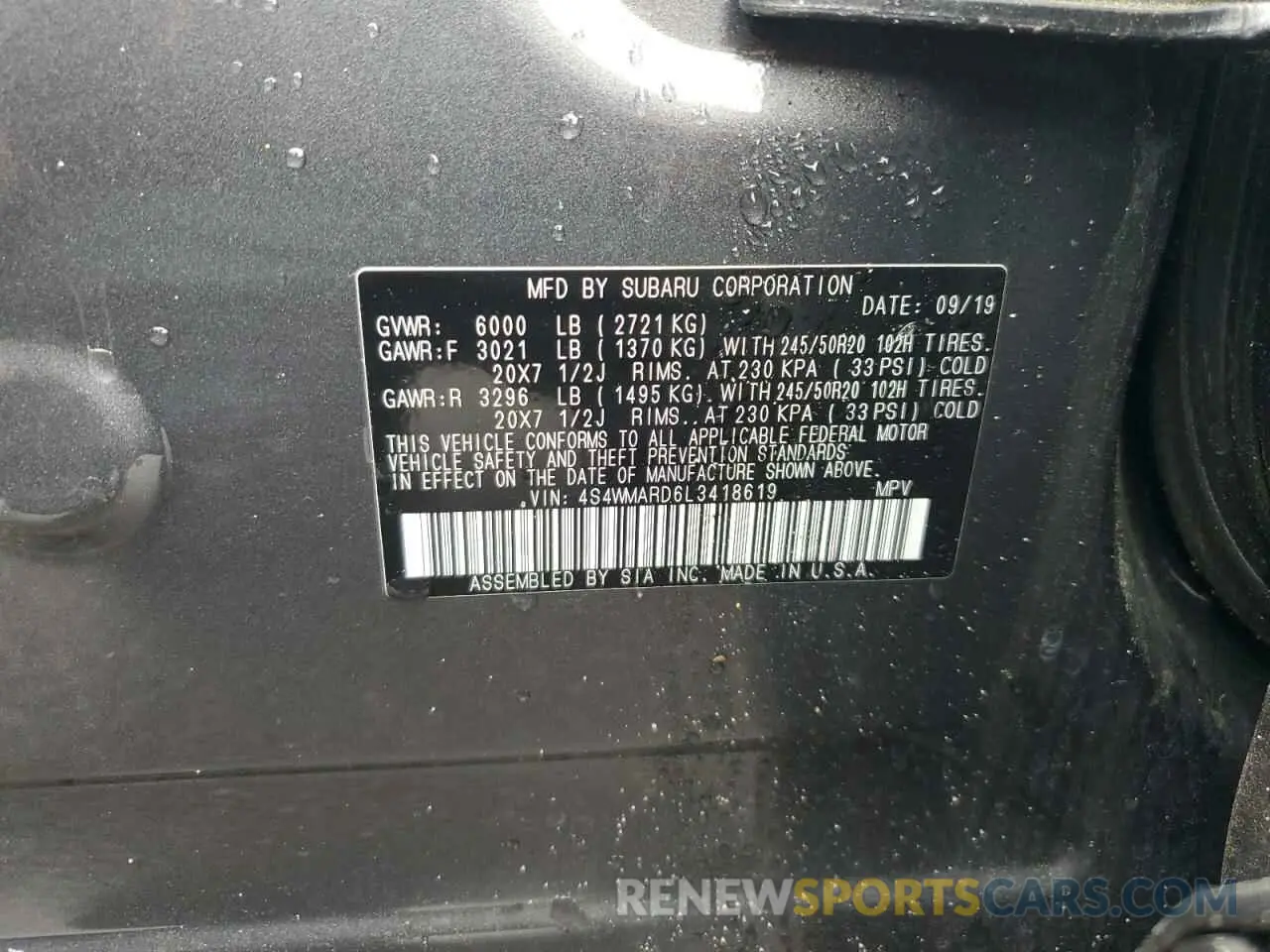 13 fotografías del automóvil dañado 4S4WMARD6L3418619 SUBARU ASCENT 2020