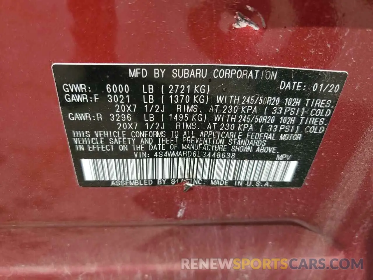 14 fotografías del automóvil dañado 4S4WMARD6L3448638 SUBARU ASCENT 2020