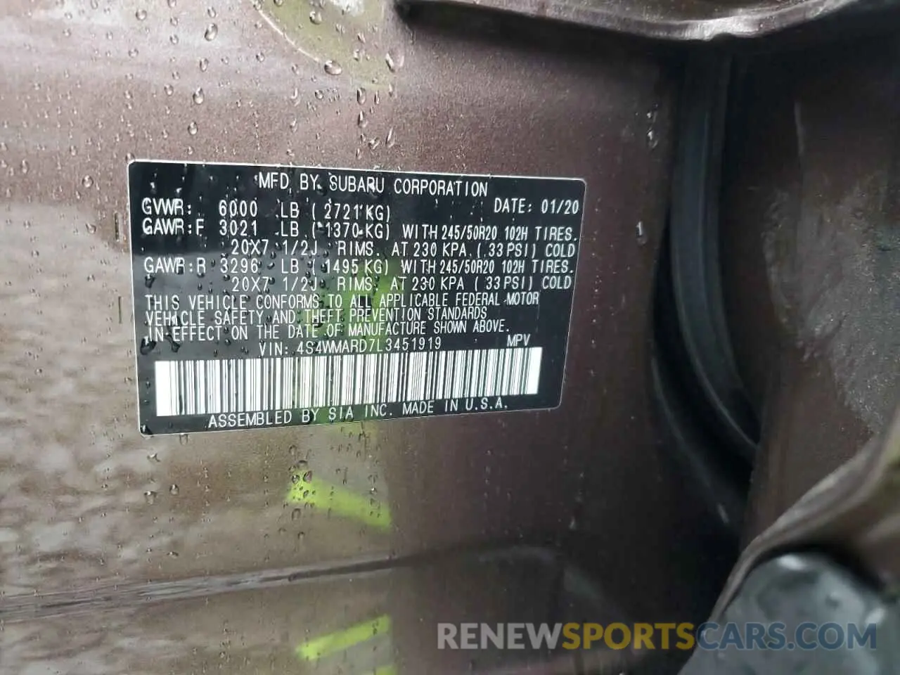 13 fotografías del automóvil dañado 4S4WMARD7L3451919 SUBARU ASCENT 2020